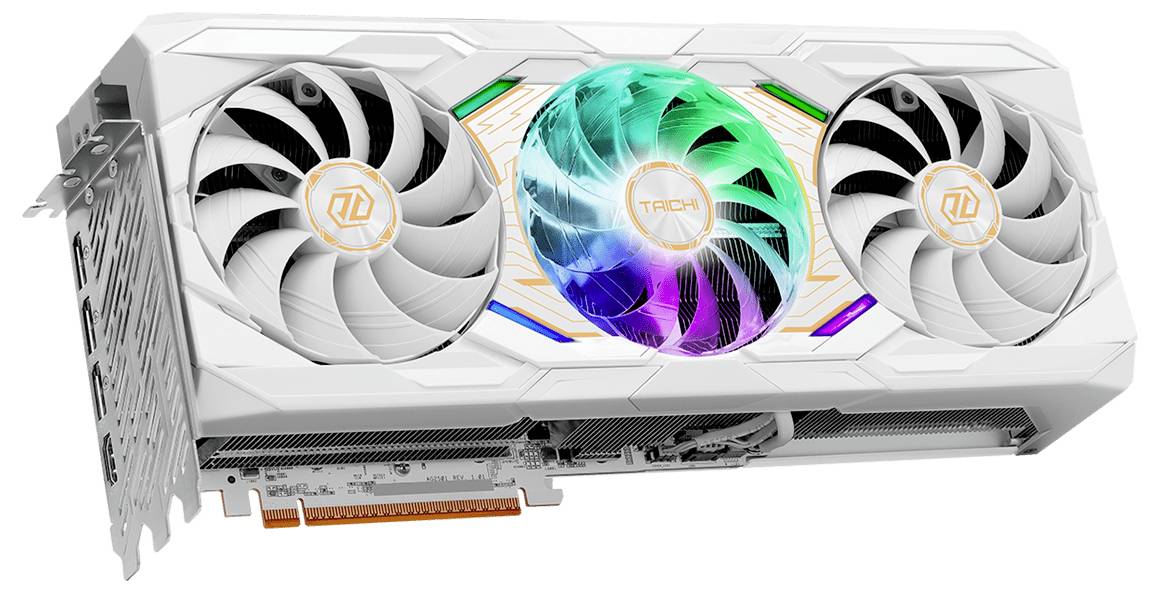 Eine weiße Grafikkarte für Computergrafikverarbeitung mit drei großen Kühlventilatoren, zentraler Ventilator mit RGB-Farbbeleuchtung, konzipiert für hochleistungs-Gaming.