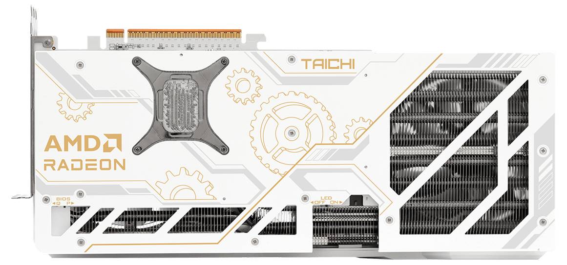 Eine Grafikkarte mit weißem und orangefarbenem Design mit Zahnradmustern. Beschriftungen enthalten 