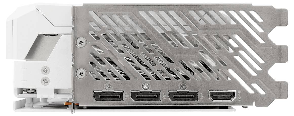 Eine silberfarbene Grafikkarte mit vier Anzeigeports auf der Rückseite, vor einem weißen Hintergrund.