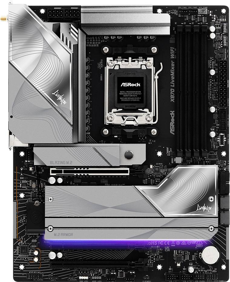 Ein Computer-Motherboard mit der Bezeichnung ASRock X670E Livemixer WiFi mit mehreren Steckplätzen für Komponenten, einschließlich RAM und Speichergeräte.