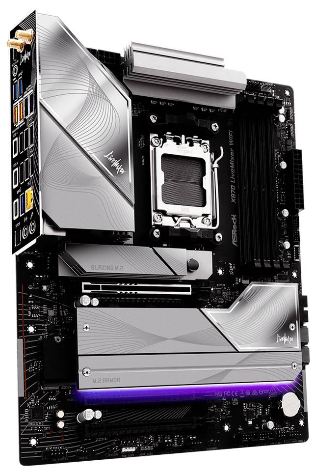 Ein Computermotherboard mit mehreren PCIe-Steckplätzen, RAM-Steckplätzen und einer CPU-Fassung. Es verfügt über unterschiedliche silberne Kühlkörper und verschiedene Anschlüsse.