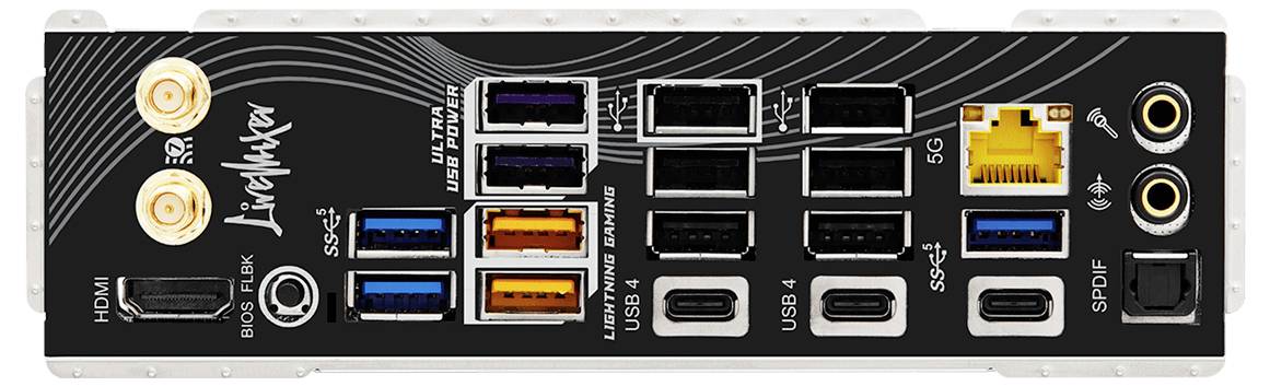 Rückseite einer Computer-Motherboard mit verschiedenen Anschlüssen einschließlich HDMI, USB, Ethernet und SPDIF, beschriftet mit 'LiveMixer'.