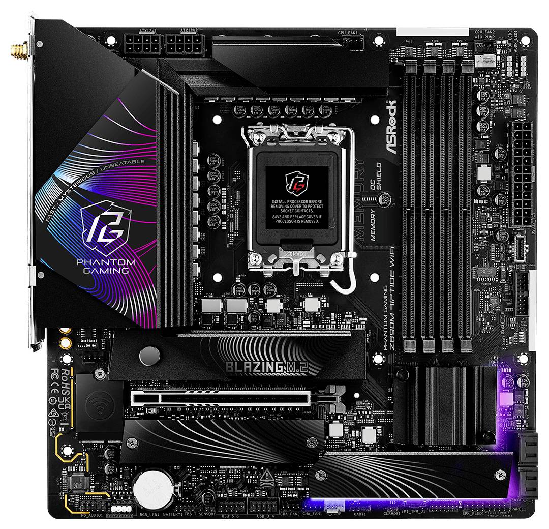 ASRock Z690 PG Velocita Motherboard mit mehreren PCIe-Slots, RAM-Slots und Kühlkörpern, geeignet für High-Performance-Builds.