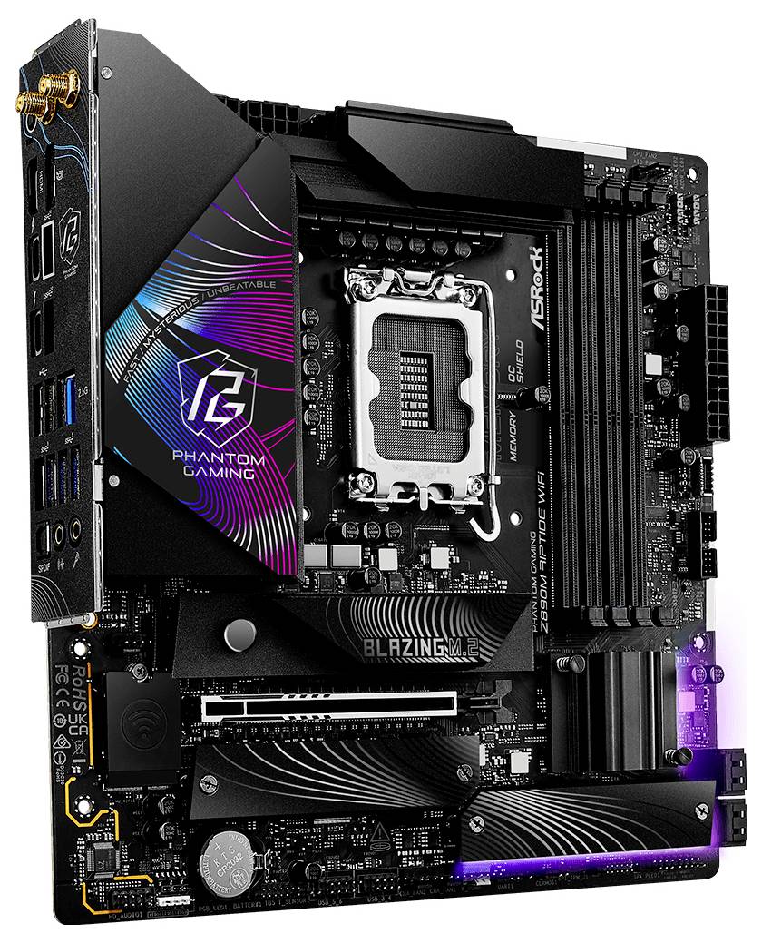 Das ASRock Phantom Gaming Motherboard zeichnet sich durch ein schwarzes Design mit RGB-Beleuchtungsaksenten, mehrere PCIe-Steckplätze und RAM-Steckplätze aus und zeigt BLAZING-Branding.