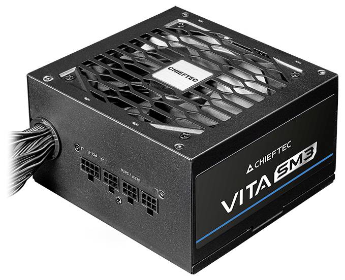 Eine schwarze Chieftec VITA SM3 Stromversorgungseinheit mit gekennzeichneten Anschlüssen und einem Lüftergitter auf der Oberseite, konzipiert für Computersysteme.