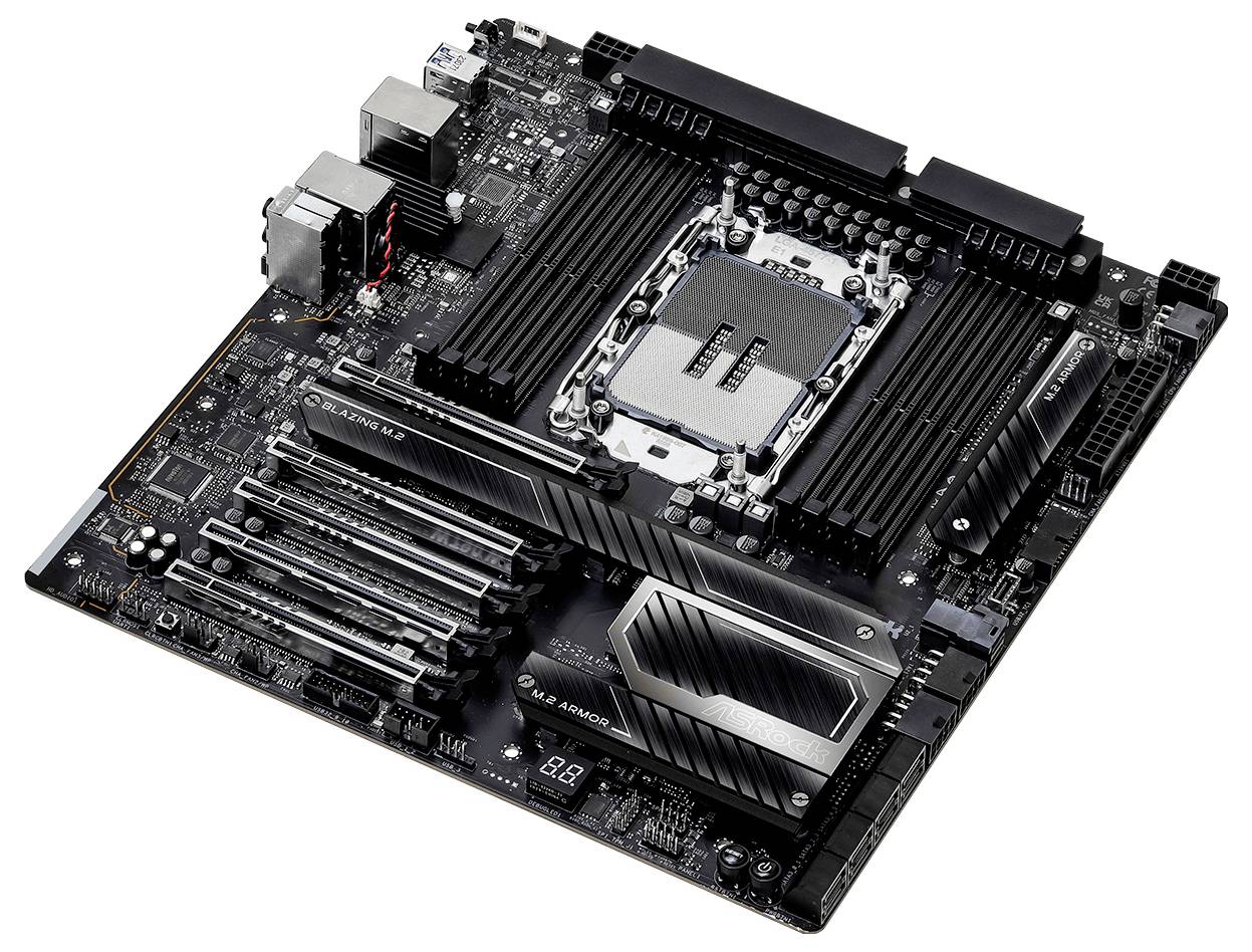 „Bild einer Computermainplatine mit mehreren RAM-Steckplätzen, einer CPU-Fassung, verschiedenen Anschlüssen und Kühlkörpern auf einer dunklen Leiterplatte.