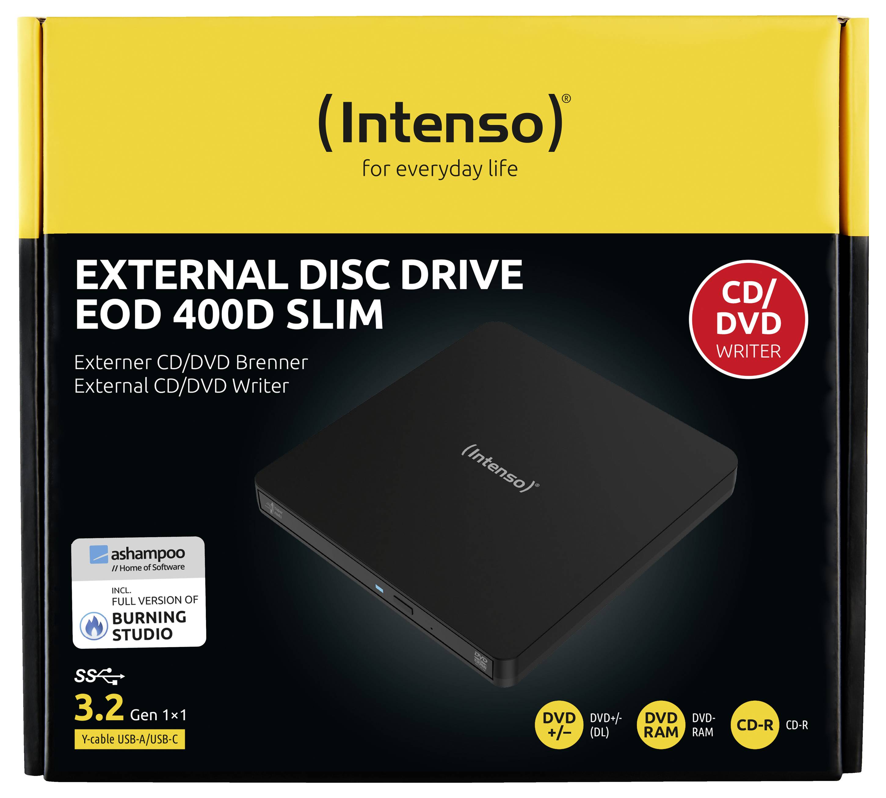 Intenso externe Festplatte EOD 400D Slim Paket. Funktionen umfassen CD/DVD-Brennen, USB 3.2 Gen 1x1, DVD±R/RW, DVD RAM und CD-R Fähigkeiten.