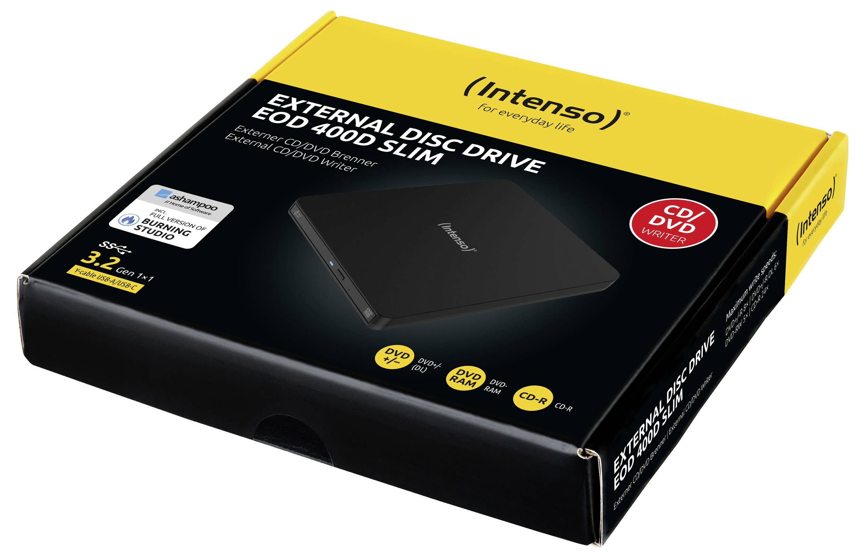 „Intenso External Disc Drive EOD 4800 Slim", kompakter CD/DVD-Brenner, auf gelb-schwarzer Verpackung dargestellt. USB 3.2 Gen 1, Windows-kompatibel.