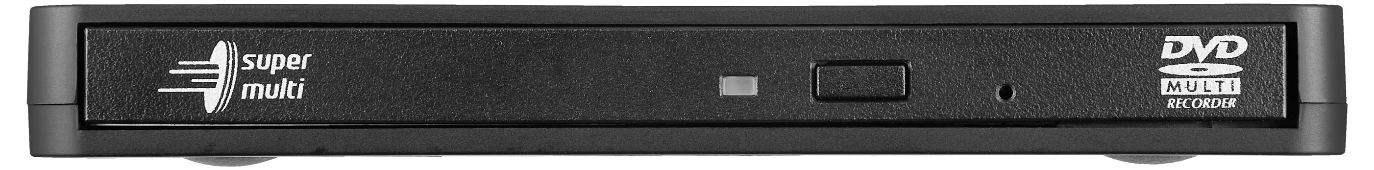 Vorderansicht eines schwarzen DVD-Laufwerks mit den Bezeichnungen „super multi