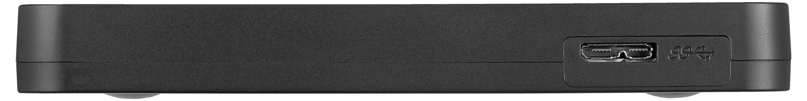 Schwarze externe Festplatte mit USB-Anschluss auf der vorderseitigen Seite.