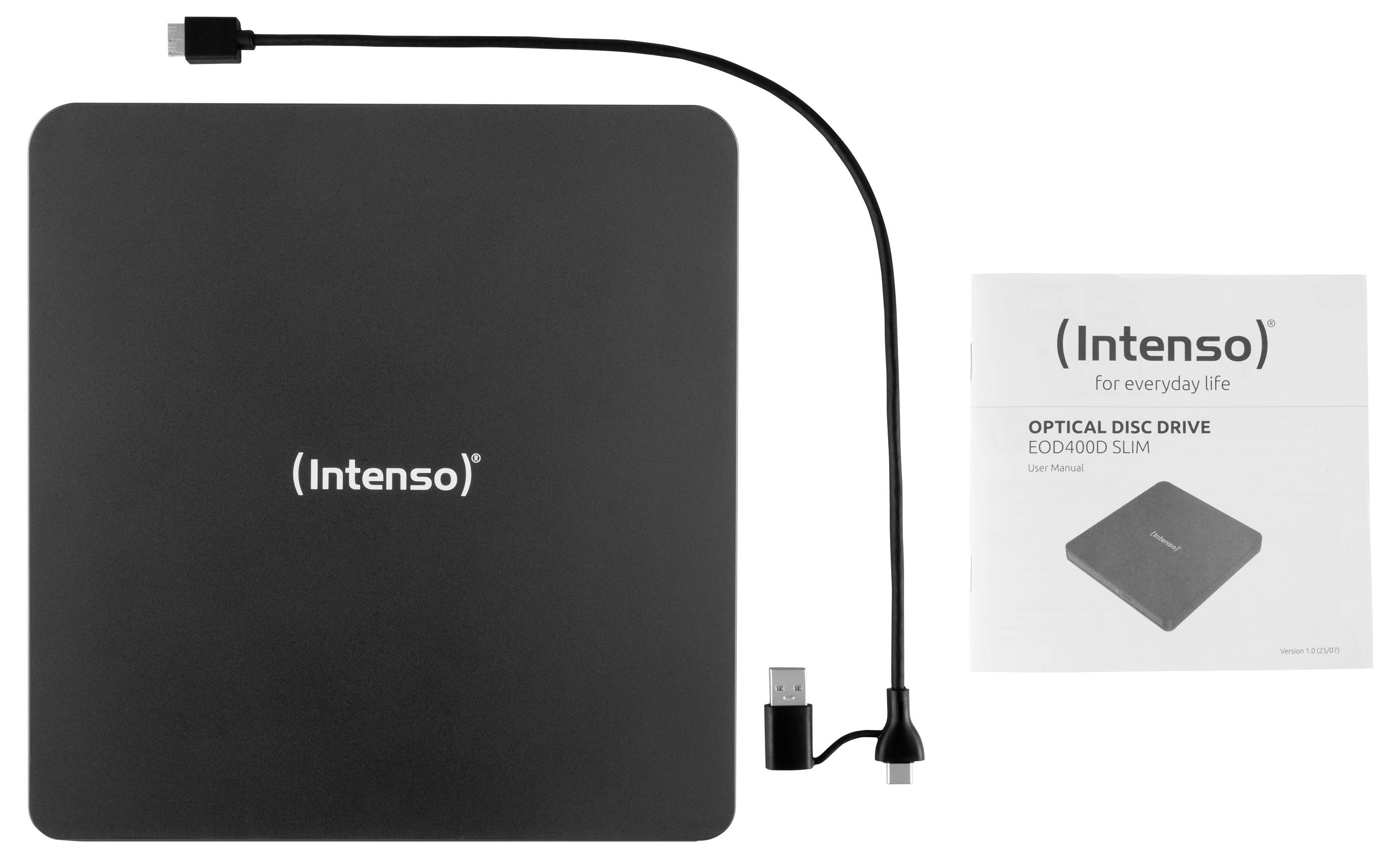 Ein optisches Laufwerk der Marke „Intenso" mit USB-Kabel und einer Benutzeranleitung mit dem Titel „Optical Disc Drive EOD4000 Slim" auf der Seite.