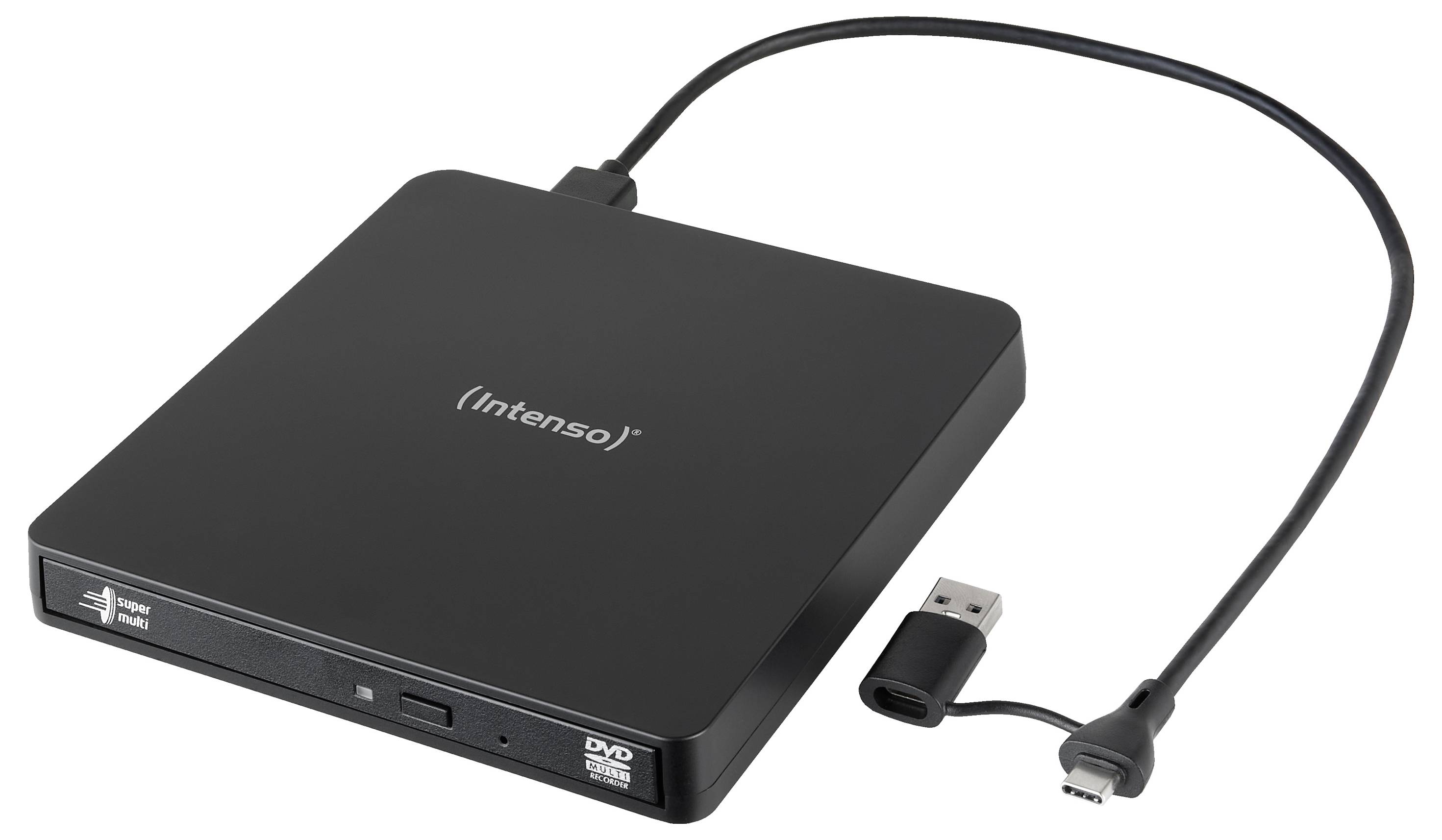 Externes DVD-Laufwerk mit USB-Kabel, gekennzeichnet mit "Intenso". Umfasst DVD- und CD-Schreibfähigkeiten.