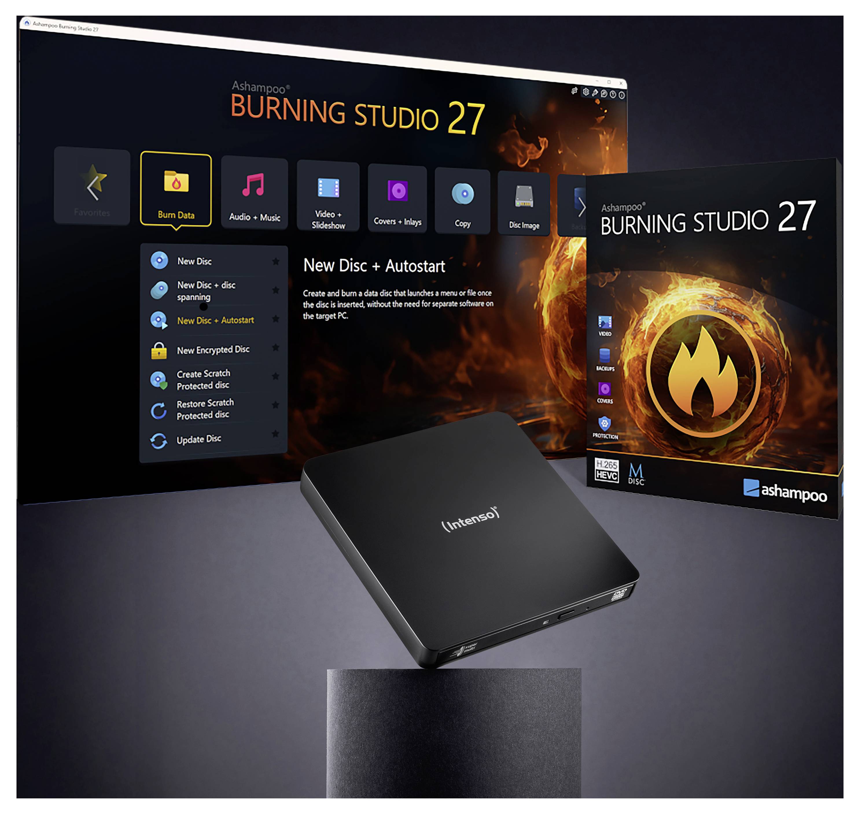 Ashampoo Burning Studio 27 Software-Schnittstelle mit einem Disc-Brenner und Verpackung. Die Hauptmenüoptionen umfassen das Brennen von Daten, Musik und Video.
