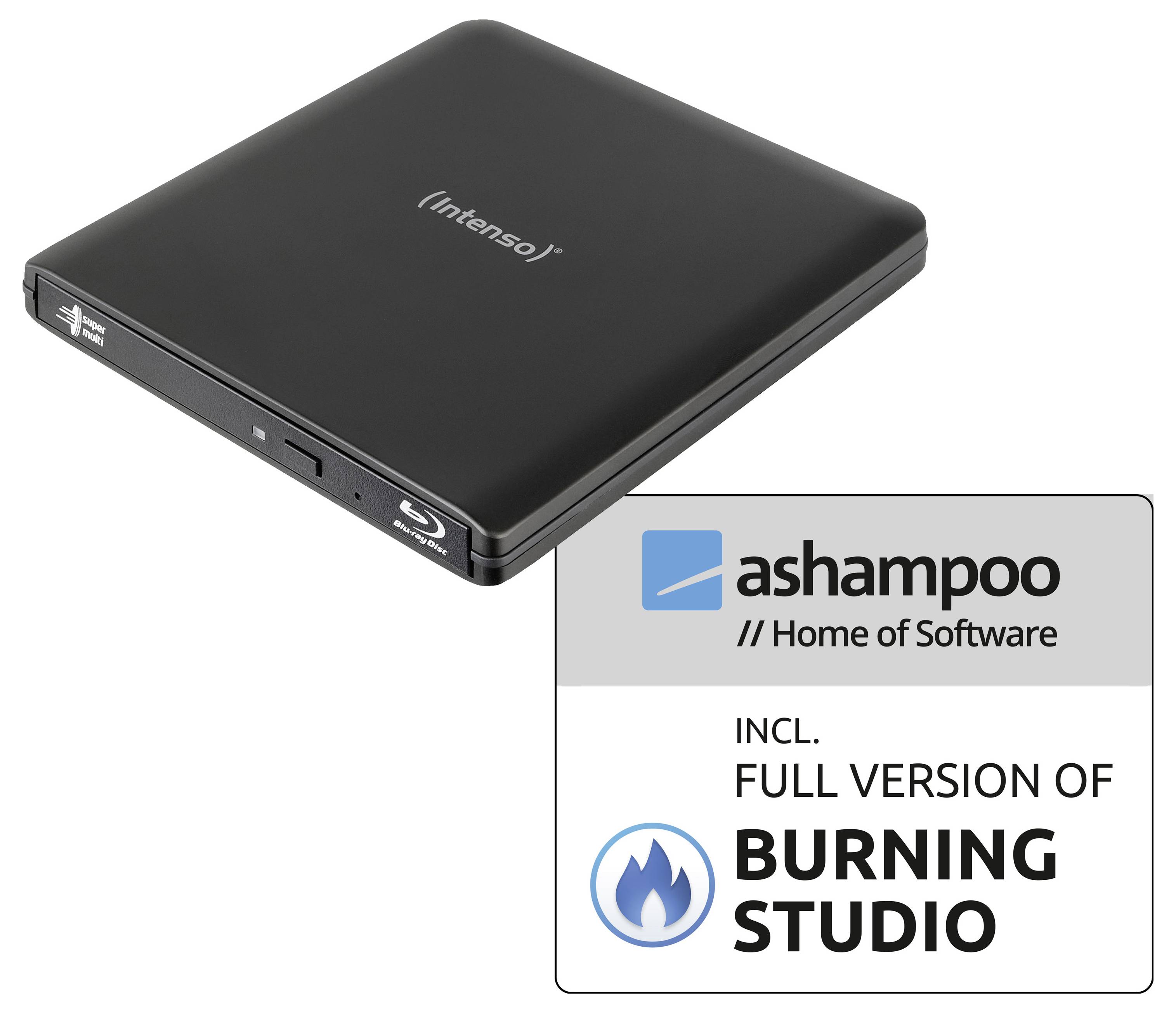Ein schwarzes Intenso externes Blu-ray-Laufwerk mit im Lieferumfang enthaltener Ashampoo 'Burning Studio'-Softwarepaket.