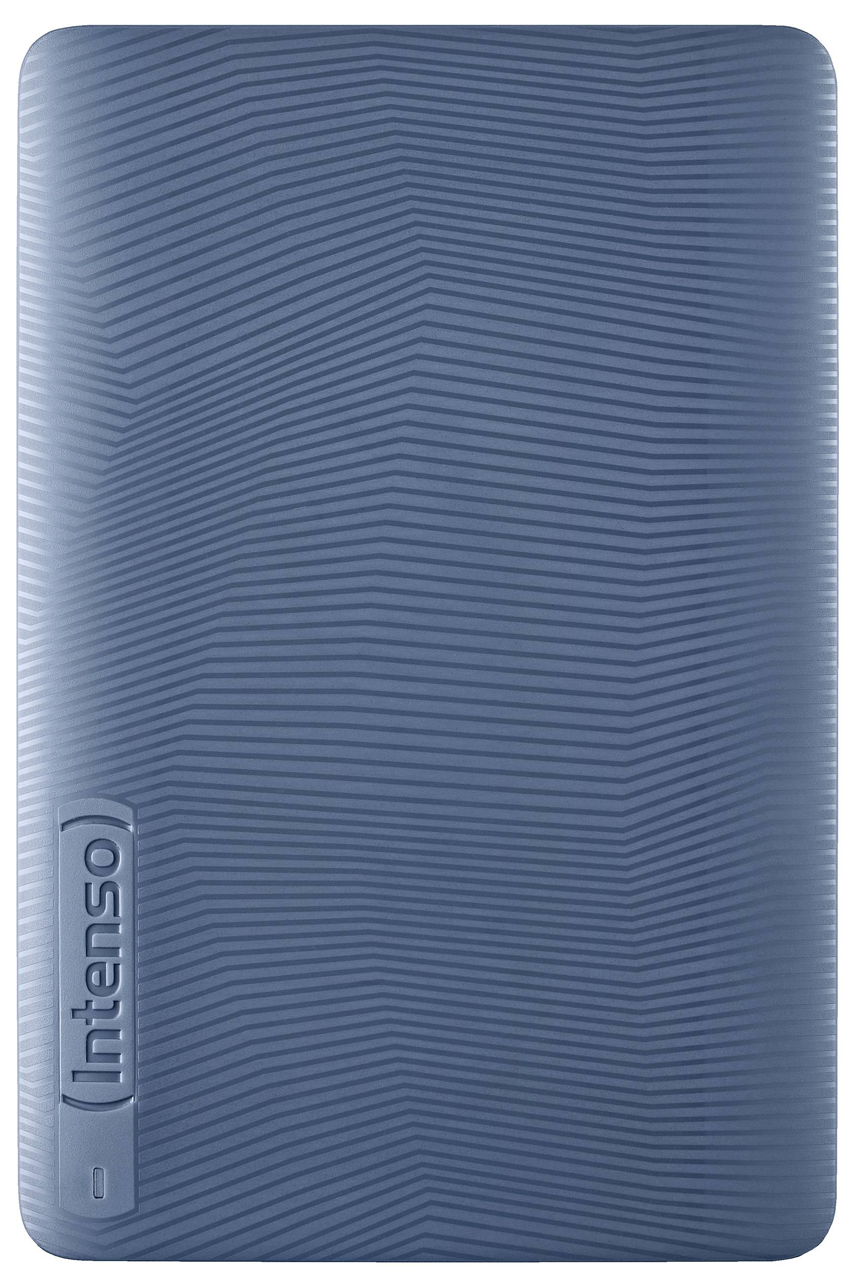 Eine dunkelblau strukturierte externe Festplatte mit vertikal eingraviertem 