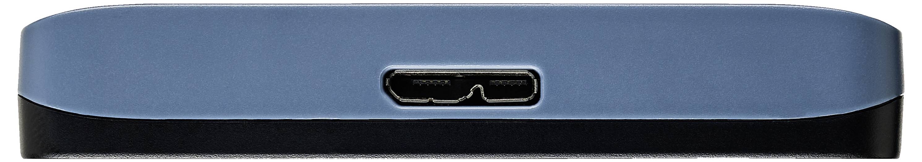 Eine blaue externe Festplatte mit einem USB-Anschluss an der Seite.