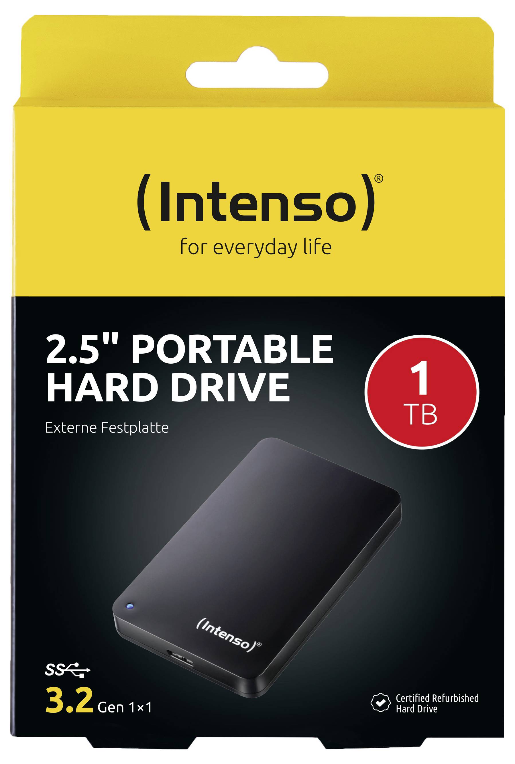 Intenso 2,5-Zoll-Festplatte Verpackung mit einer Kapazität von 1TB, USB 3.2-kompatibel, in einer gelb-schwarzen Schachtel.