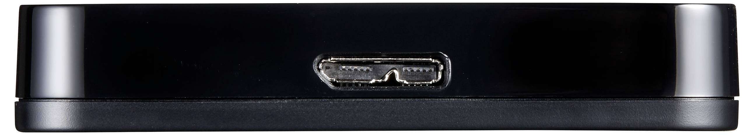 Ein schwarzes elektronisches Gerät mit einem USB-Micro-B-Anschluss, der auf einer Seite zentriert angebracht ist, häufig zum Verbinden oder Aufladen von Geräten verwendet.