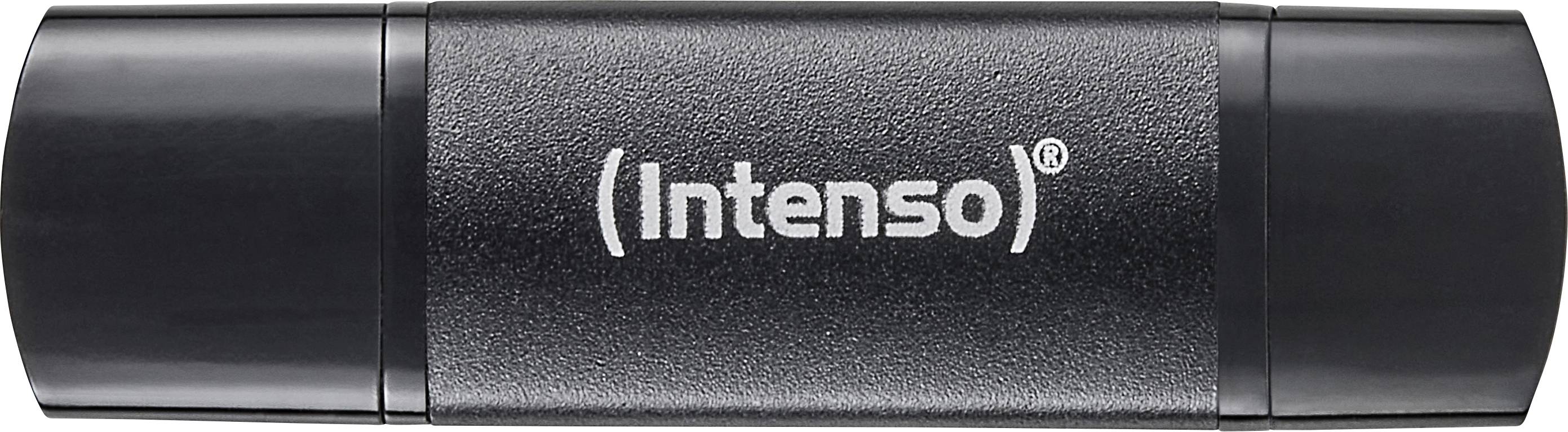 Ein Nahaufnahme-Bild eines schwarzen Intenso-USB-Sticks mit dem Intenso-Logo in Weiß auf seiner Oberfläche.