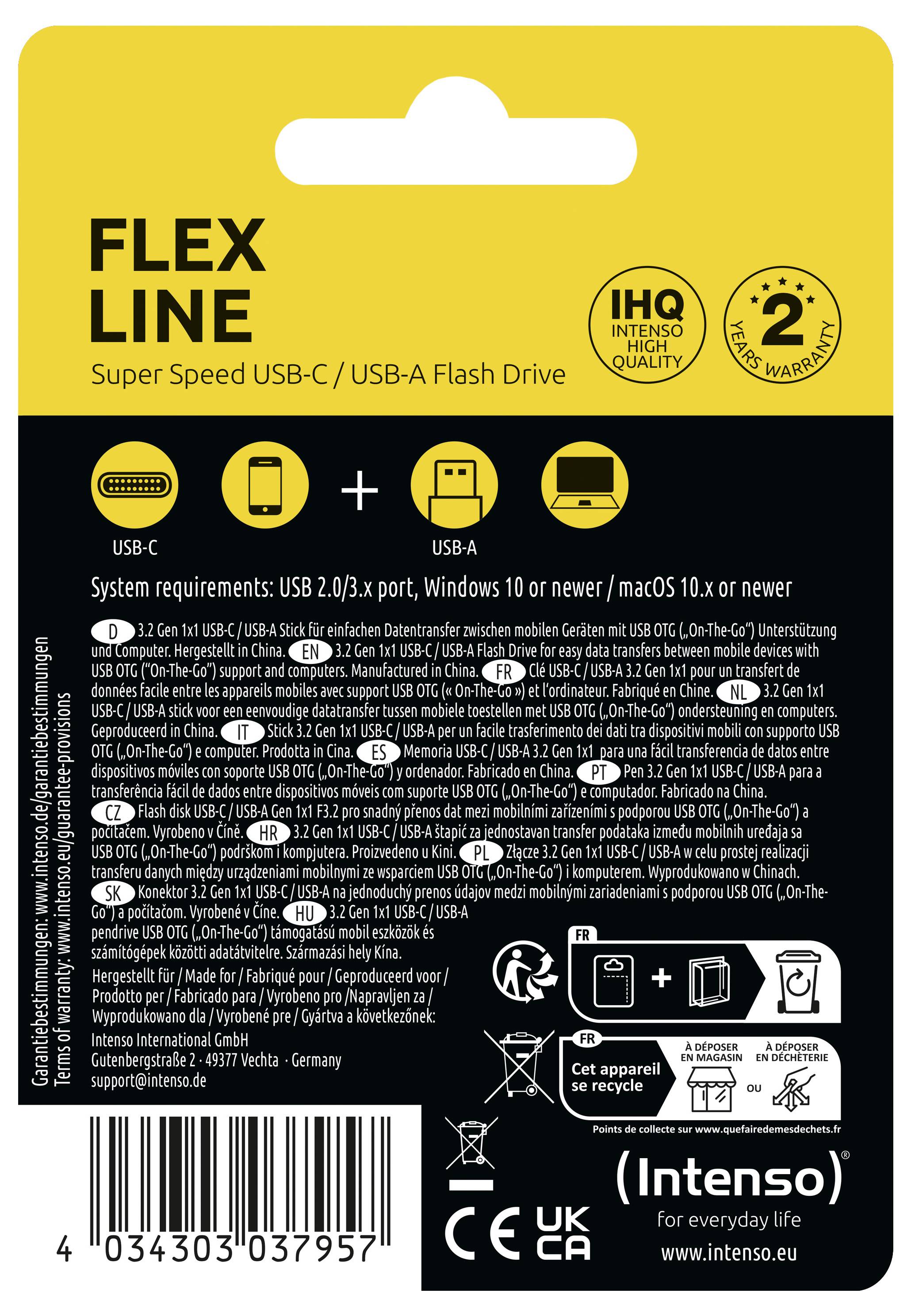 Intenso Flex Line USB-Stick Retail 64GB Schwarz 3544490 USB-A (USB 3.2 Gen 1), USB-C® (USB 3.2 Gen 1)
