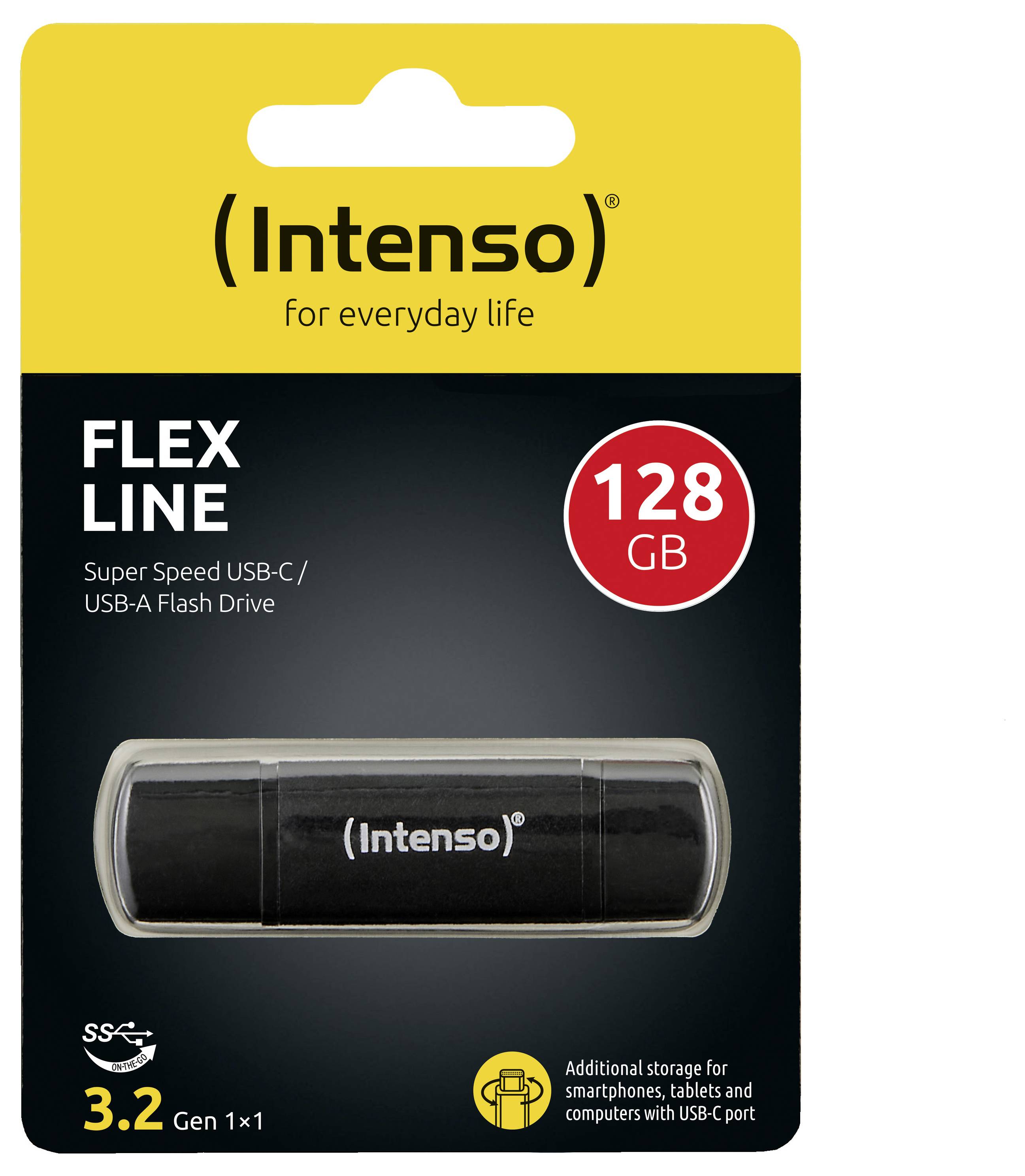 Intenso Flex Line 128GB USB-C/USB-A Flash Drive – Verpackung mit Betonung auf hohe Geschwindigkeit und Kompatibilität mit Geräten mit USB-C-Anschlüssen.