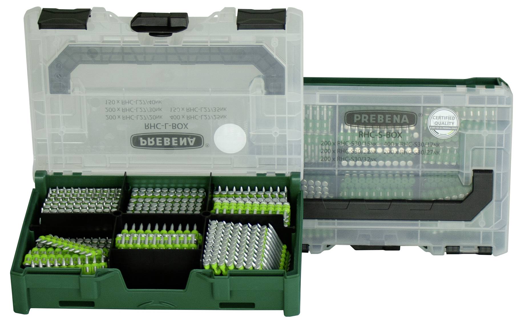 Prebena BH-C-BOX Werkzeugsatz mit offenen und geschlossenen Koffern, die organisierte grüne und silberne Bohrer in Fächern zeigen.