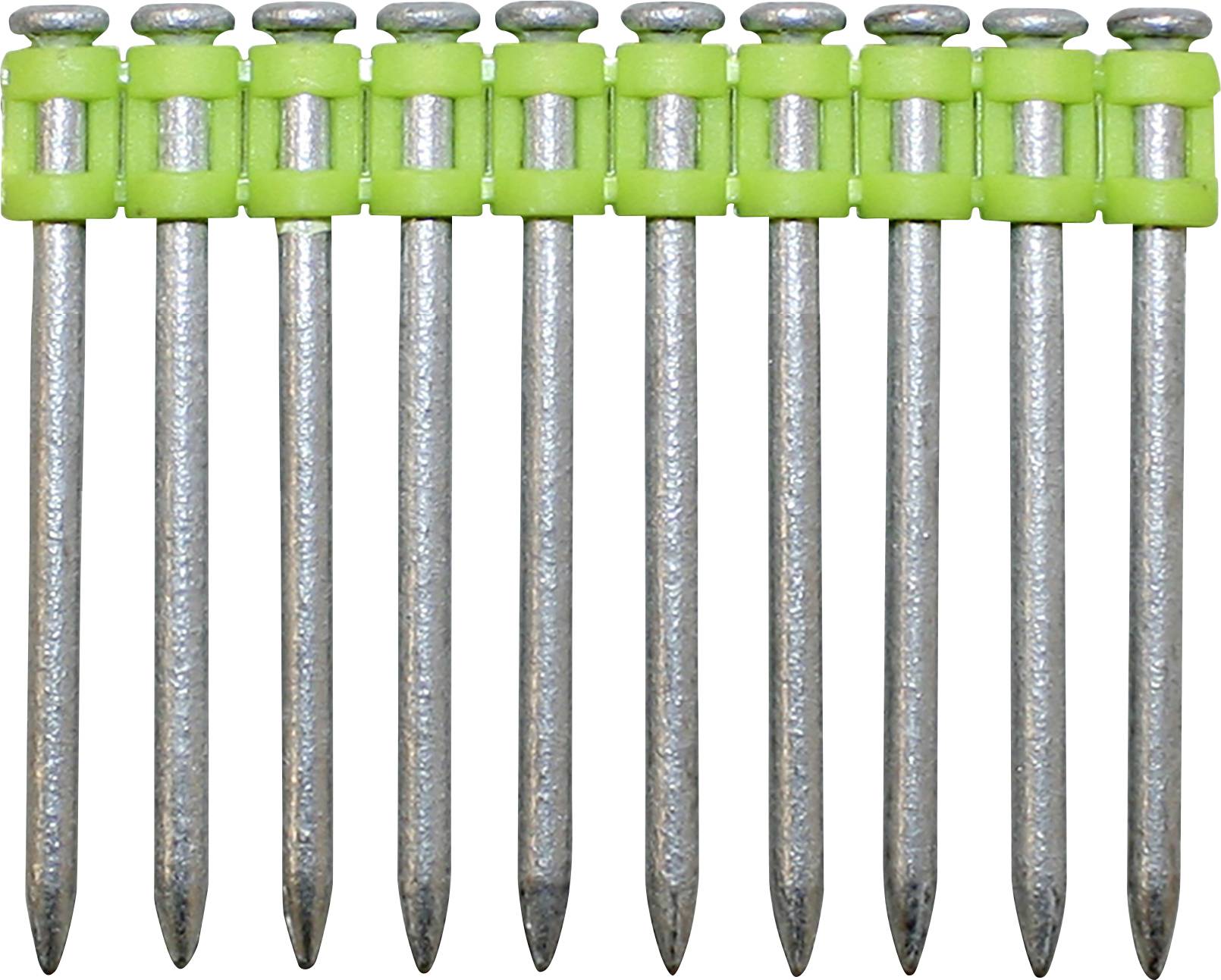 Zehn vertikal ausgerichtete Metallnägel, die oben von einem grünen Kunststoffstreifen zusammengehalten werden, ausgelegt zur Verwendung in einer Nagelschussmaschine.