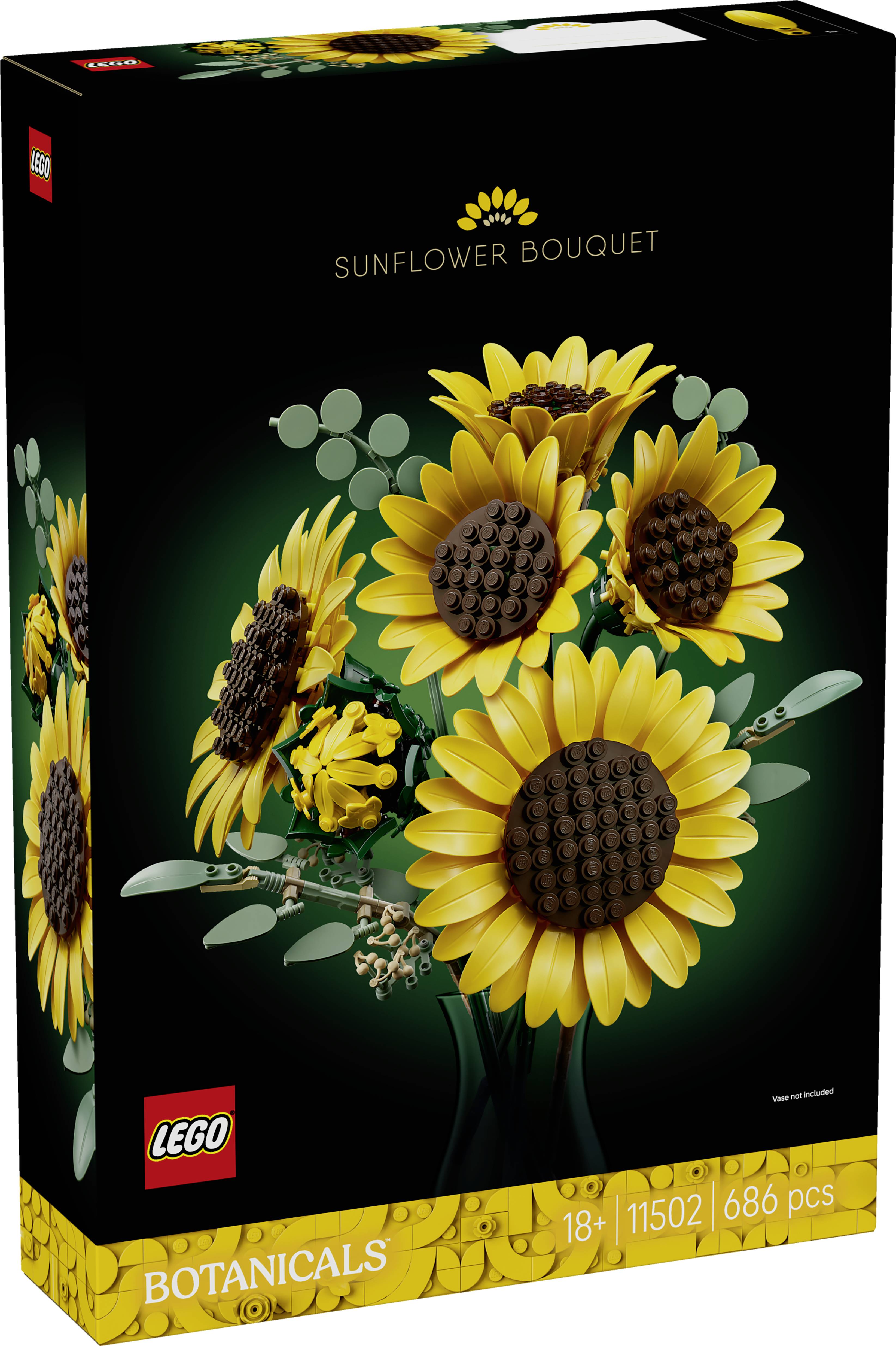 Eine Frau arrangiert einen Sonnenblumenstrauß in einer Vase. Der Text lautet „Entspannen Sie sich und entschleunigen Sie, während Sie diesen lebendigen Strauß zusammenstellen.