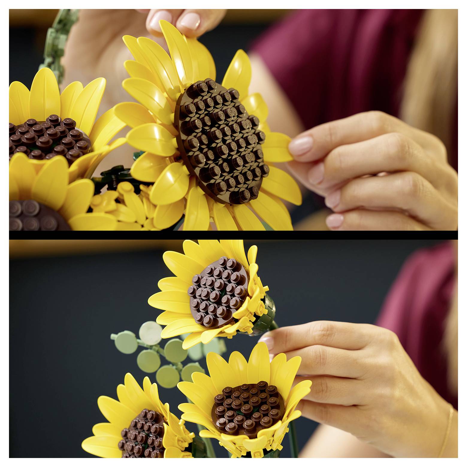 Eine Person, die ein LEGO-Sonnenblumen-Set zusammensetzt, zeigt große gelbe Blütenblätter und ein strukturiertes braunes Zentrum, mit Fokus auf die Handpositionierung.
