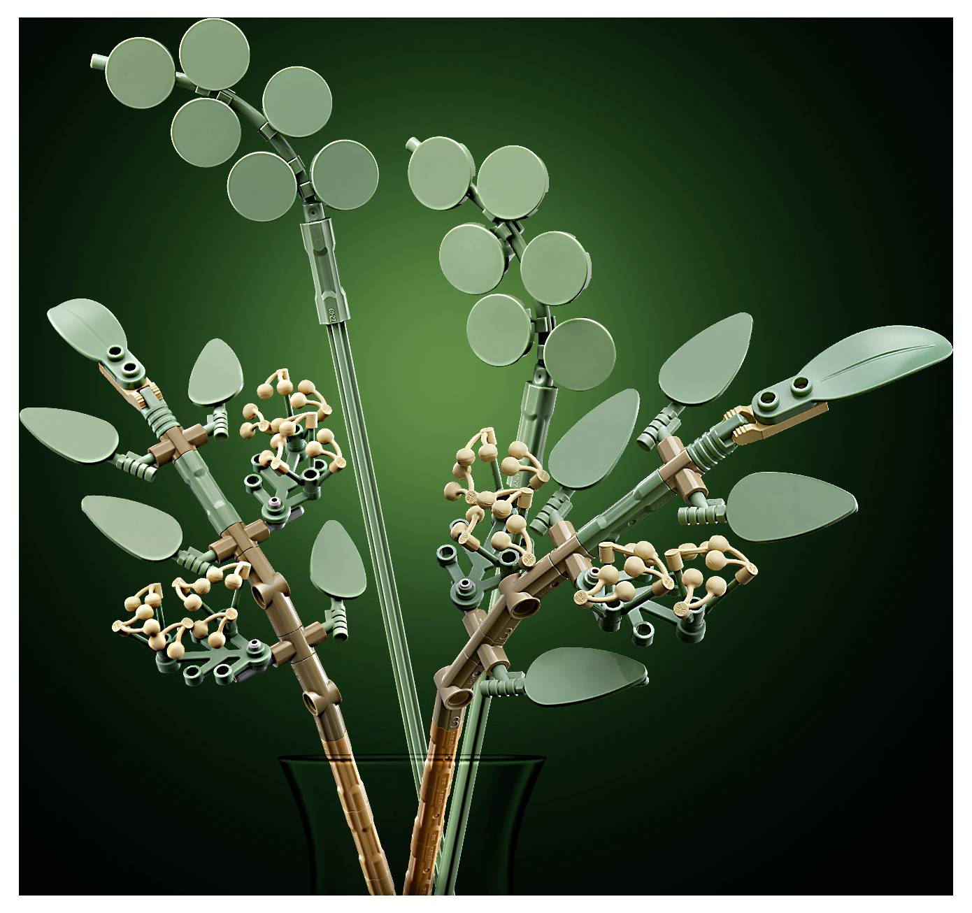 Ein digitales Kunstwerk, das abstrakte baumähnliche Formen mit Ästen und kreisförmigen Blättern zeigt, die in einer Vase angeordnet sind und vor einem grünen Hintergrund stehen.