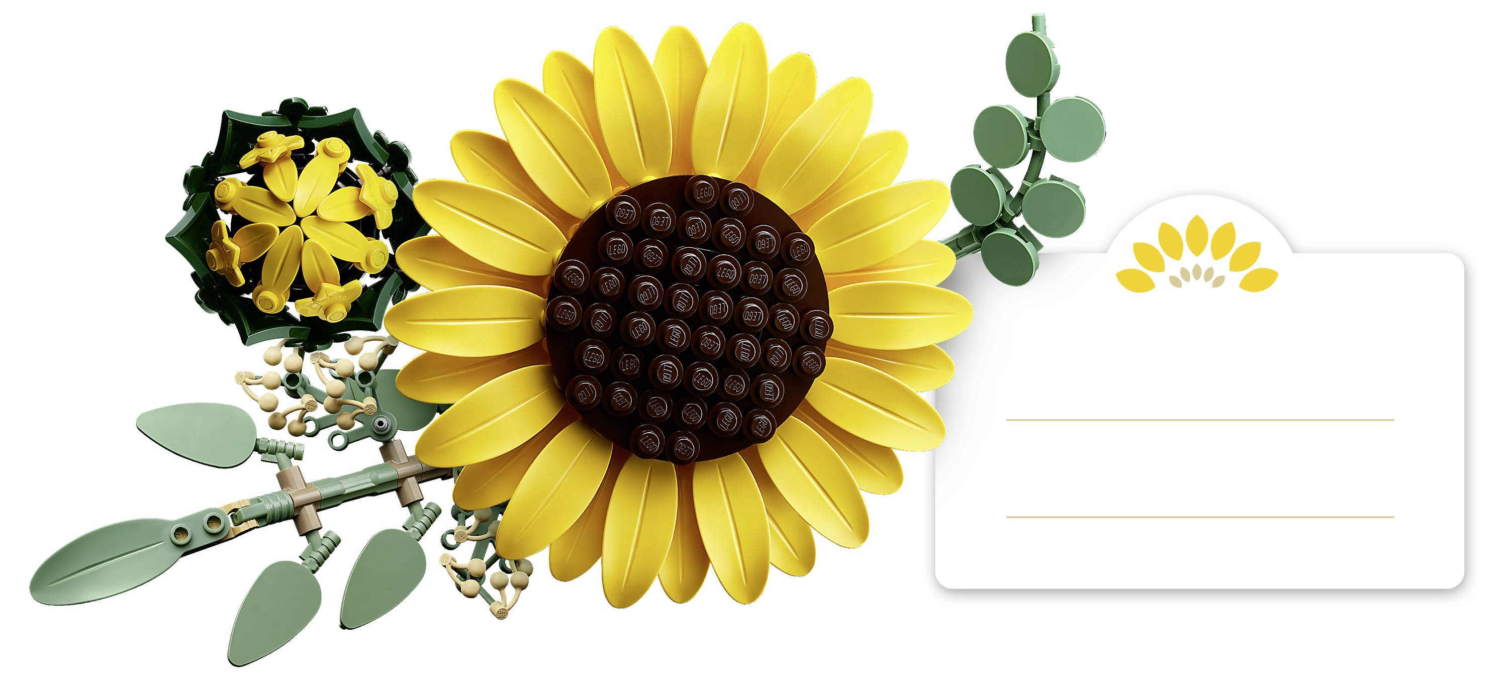 Eine Sonnenblume und ein kleiner Strauß aus verschlungenen Bausteinen, mit einer leeren Karte mit einem kleinen Sonnenblumen-Design oben rechts.