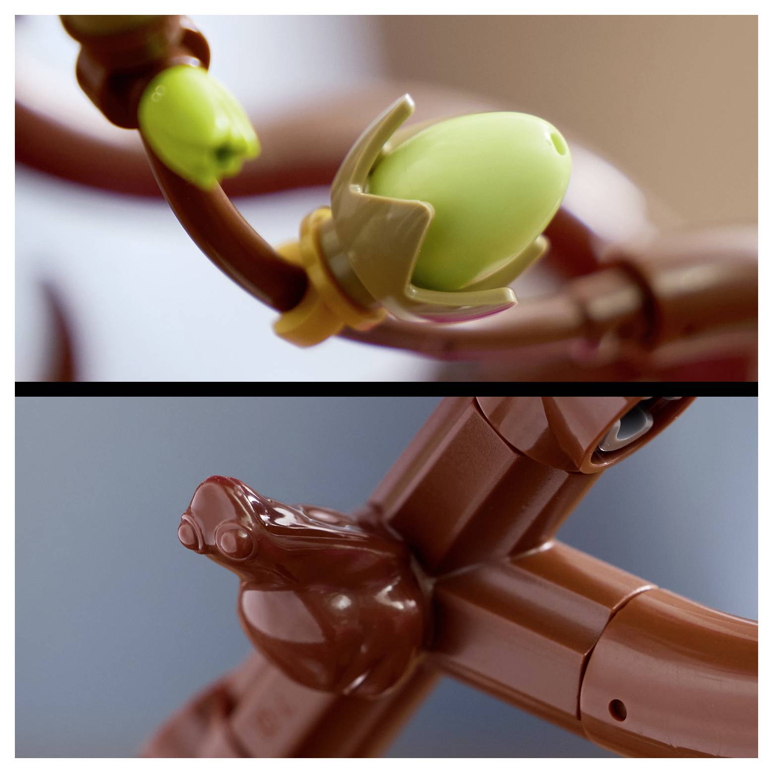 Nahaufnahme eines braunen Lego-Baumasts mit einer grünen Frucht und einem kleinen grünen Lego-Element, das daran befestigt ist. Der Fokus liegt auf der Verzweigungsstruktur.