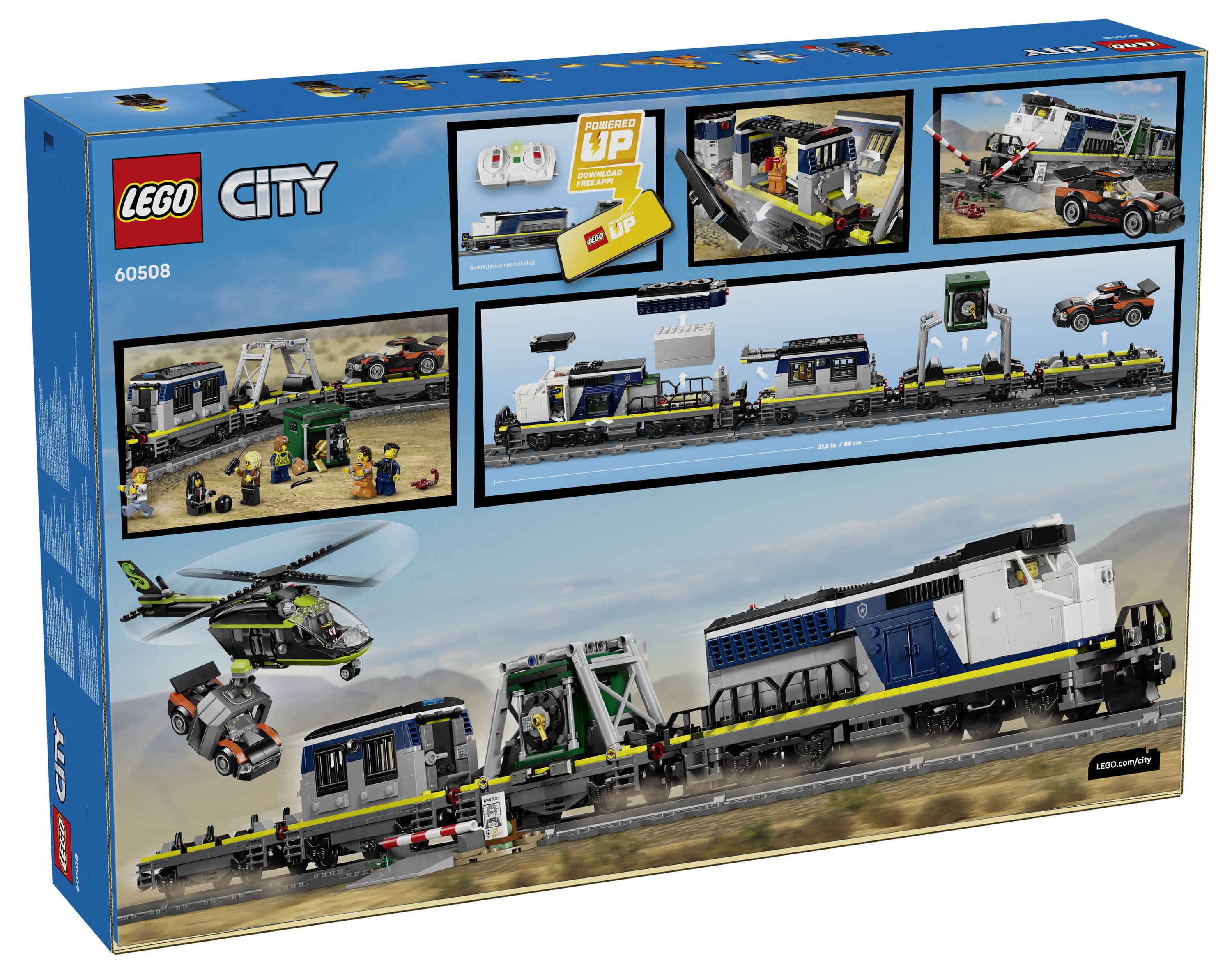 „LEGO City Eisenbahnset-Karton zeigt Hubschrauber, Fracht und Zug auf einer Wüstenlandschaft. Enthält Montageschritte und Funktionen auf der Verpackung.