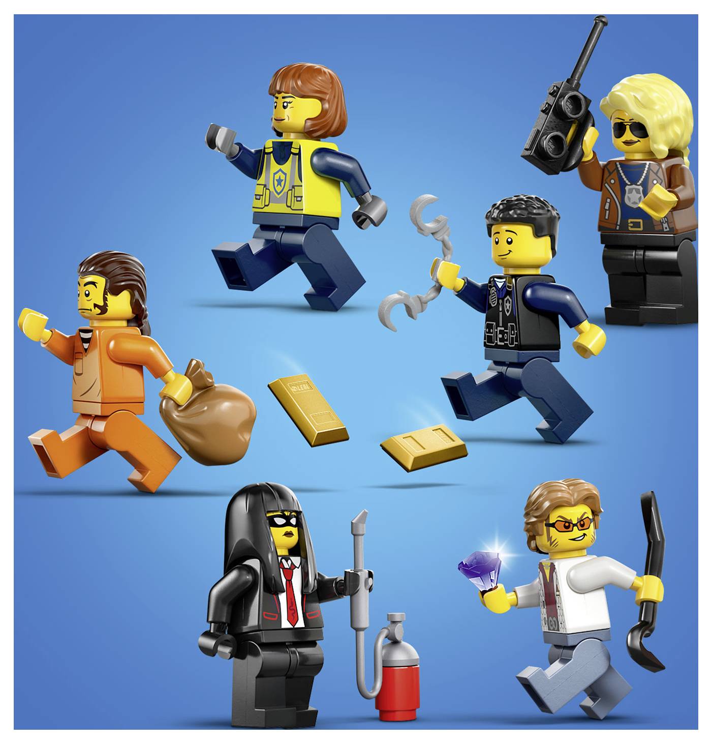 Lego-Figuren stellen eine Heist-Szene dar, in der Räuber in orangenen Overalls Taschen tragen und von Polizeibeamten in blauen Uniformen verfolgt werden.