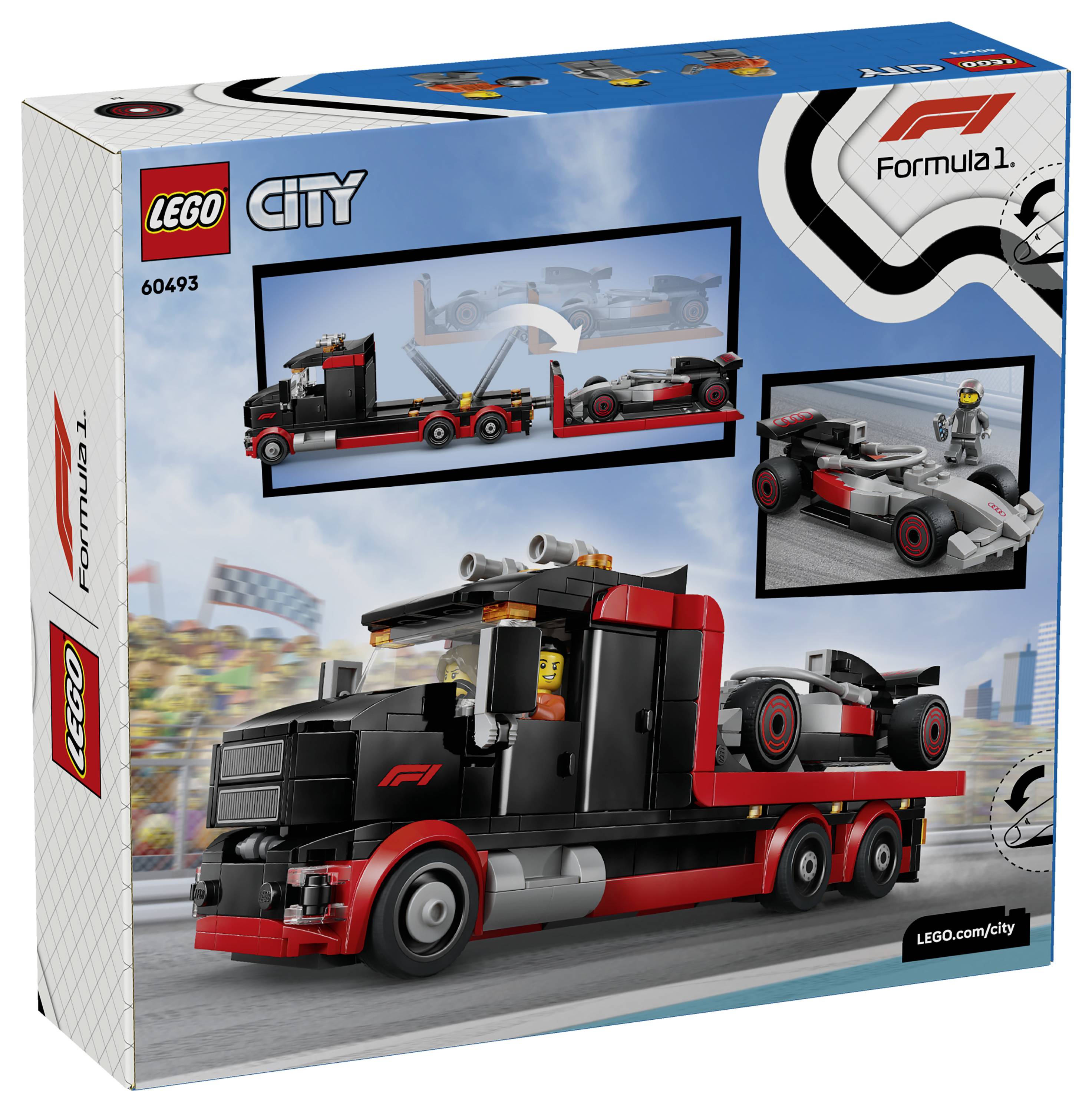 Lego City Formel-1-Set-Box mit einem schwarz-roten Lastwagen, der einen Rennwagen transportiert, mit Illustrationen, die Zusammenbau- und Spielszenen zeigen.