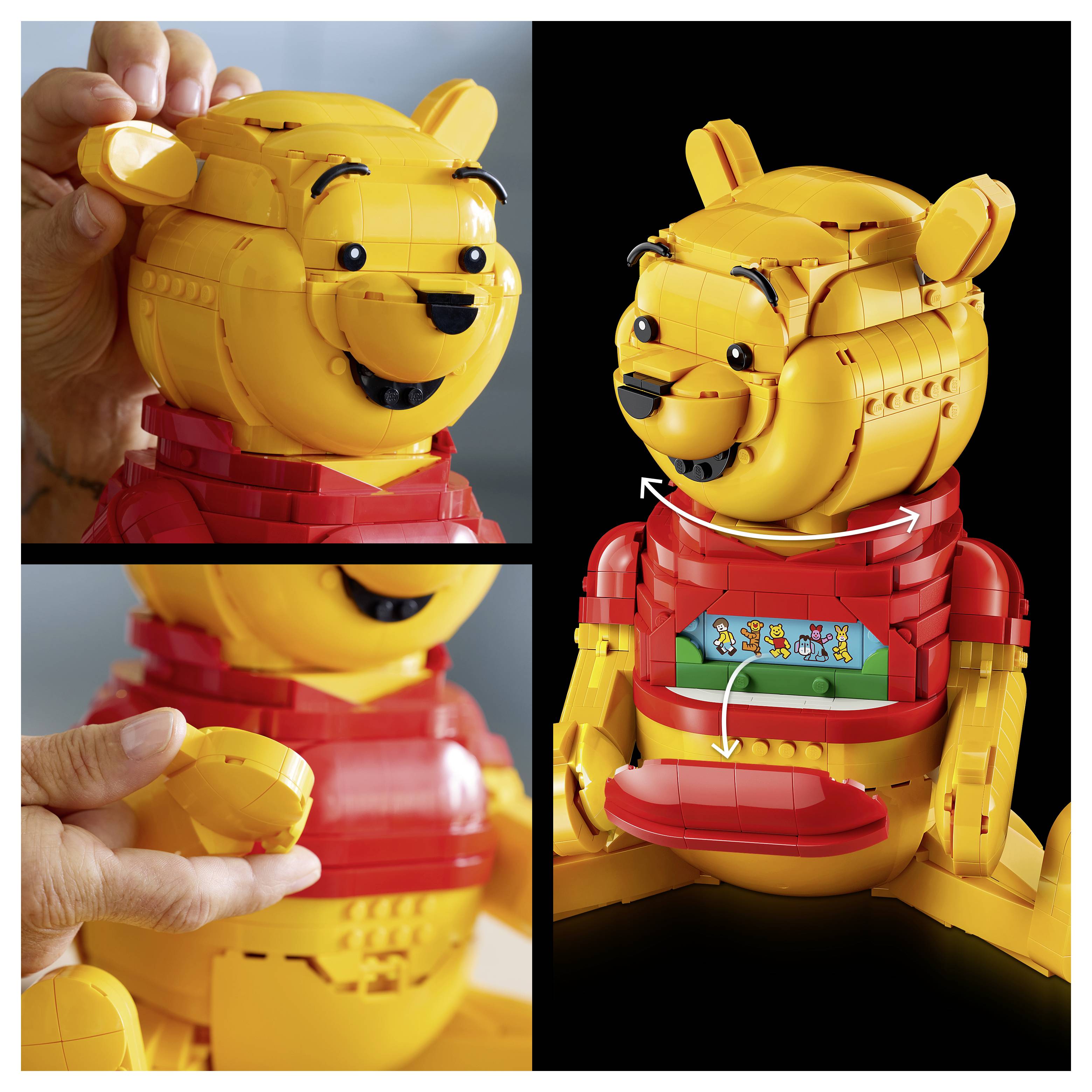 Eine Person baut ein LEGO-Set zusammen, das eine Cartoon-Bärfigur darstellt, wobei Details des Mundmechanismus und des inneren Fachs gezeigt werden.