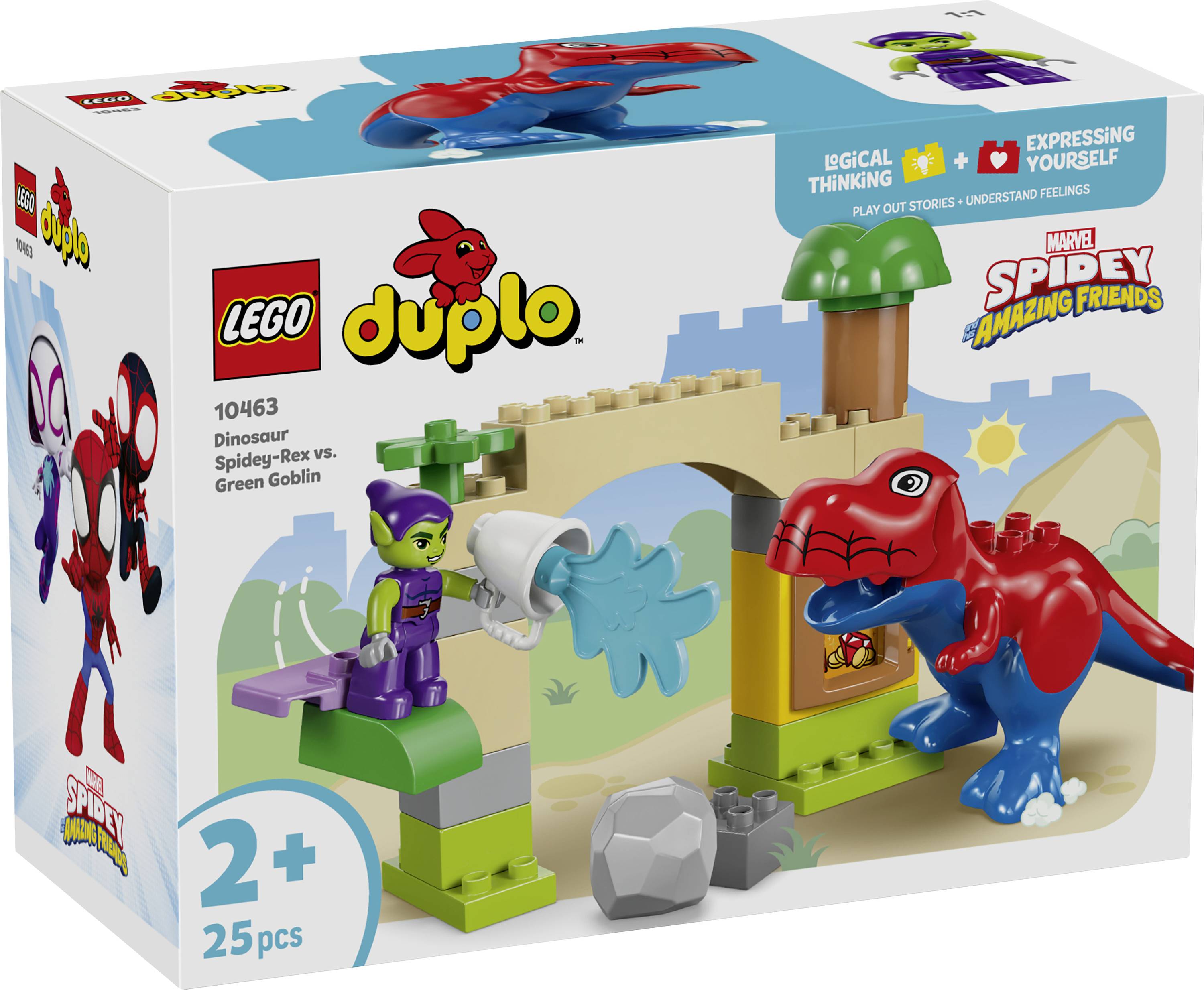 Lego Duplo Spidey Amazing Friends Set 10463 mit Dinosaurier-, Spidey- und Green-Goblin-Figuren für Kinder ab 2 Jahren, mit 25 Teilen.