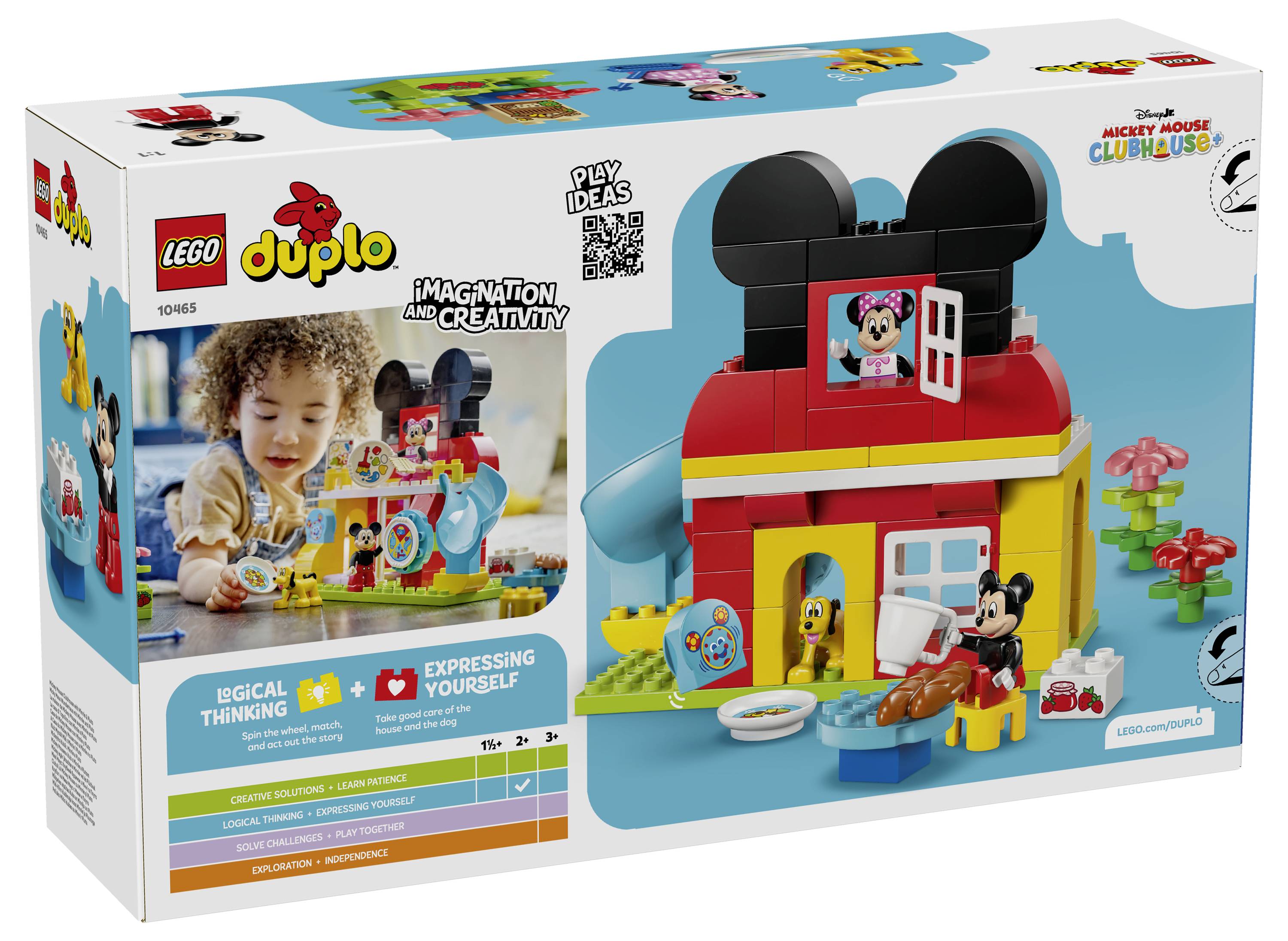 LEGO Duplo Karton mit Mickeys Clubhouse-Set, konzipiert für Kinder ab 2 Jahren, fördert fantasievolles Spielen und Kreativität.
