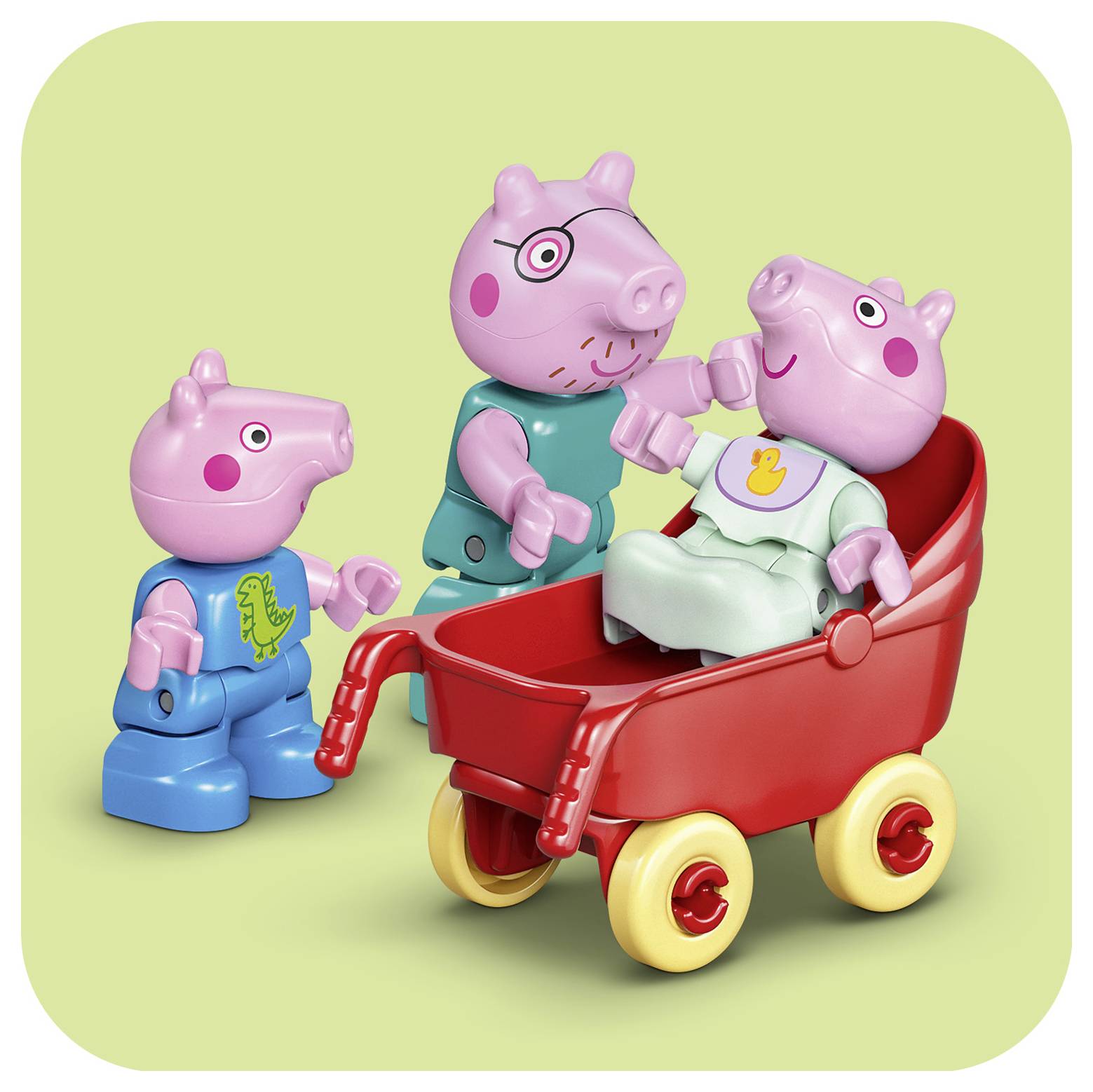 Drei Spielzeug-Schweinchen-Charaktere interagieren glücklich um einen roten Wagen auf hellgrünem Hintergrund.