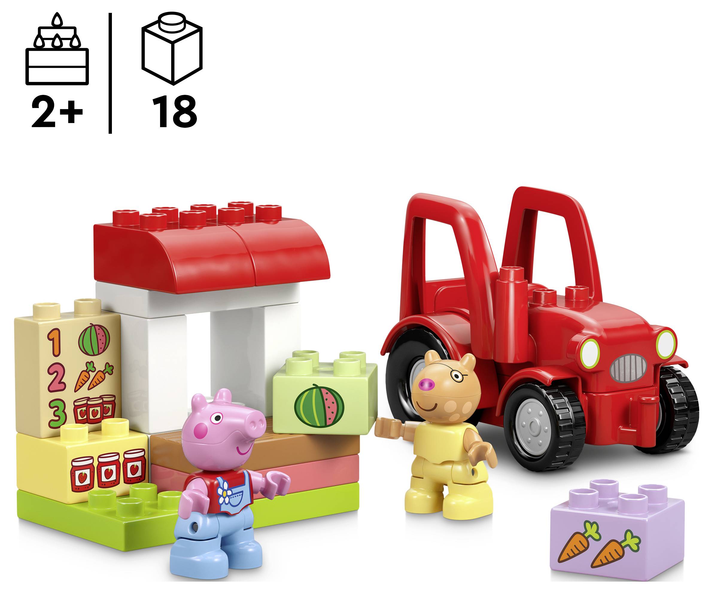 Spielzeugset für Kinder ab 2 Jahren mit Bausteinen, einem roten Traktor und zwei Tierfiguren. Enthält einen Marktstand mit obst-thematischen Blöcken.