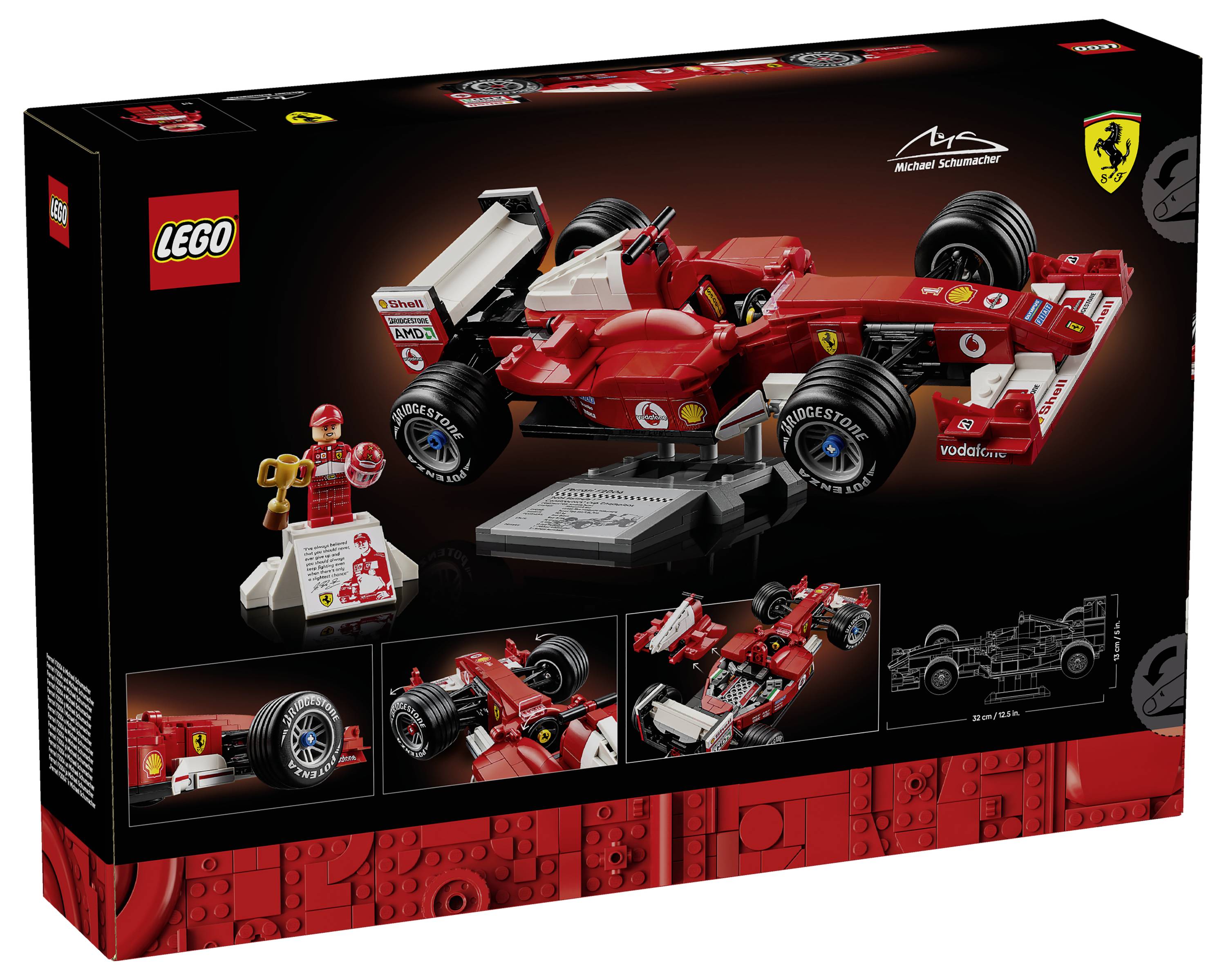 LEGO Ferrari F1 Set-Box enthält ein Modellauto, eine Fahrerfigur und Zubehör. Enthält Designzeichnungen und Markenlogos.