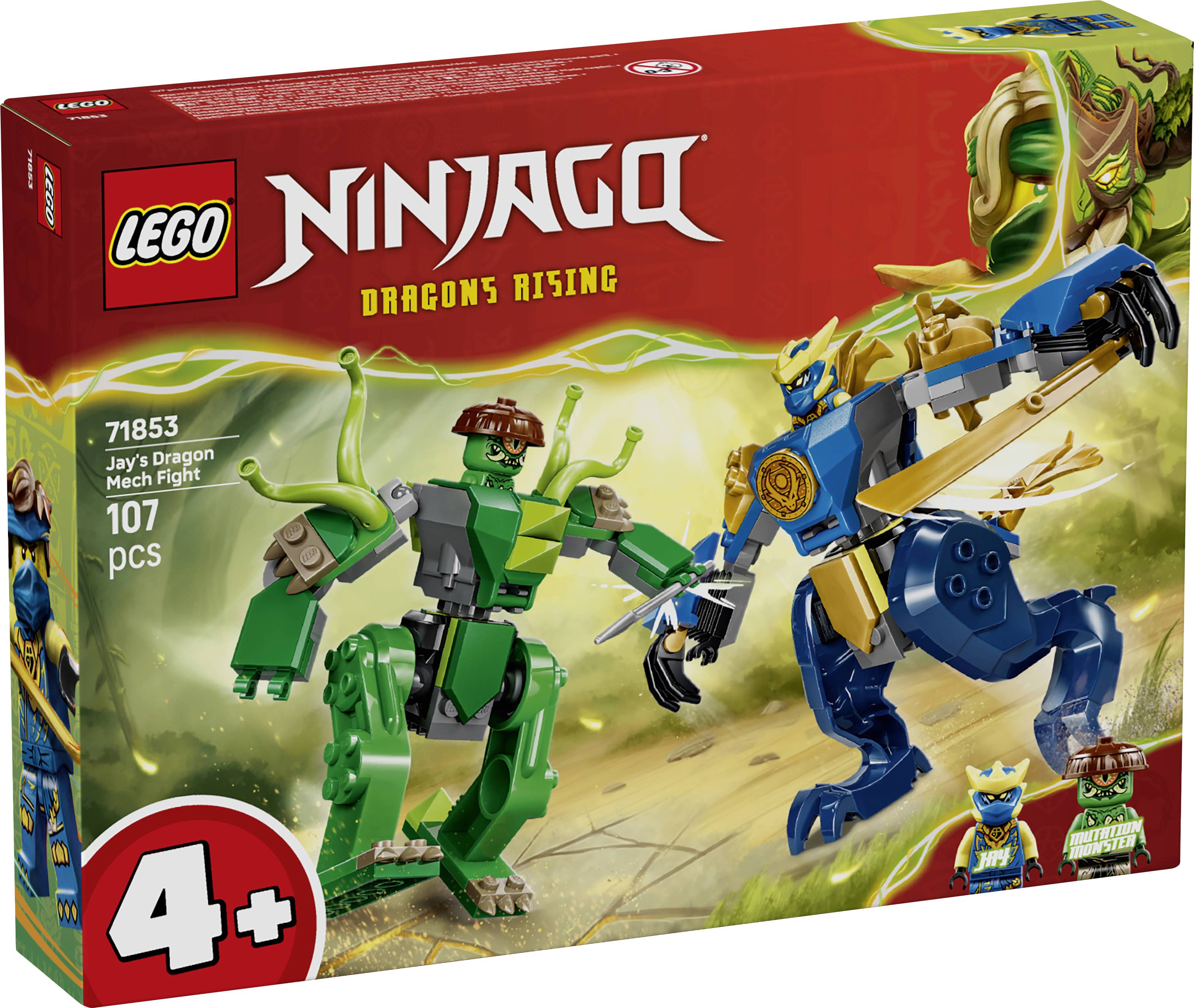 LEGO Ninjago 'Jays Drachenmech-Kampf' Set. Enthält einen blauen und gelben Drachenmech, der gegen eine grüne robotähnliche Figur kämpft. 107 Teile, ab 4 Jahren.