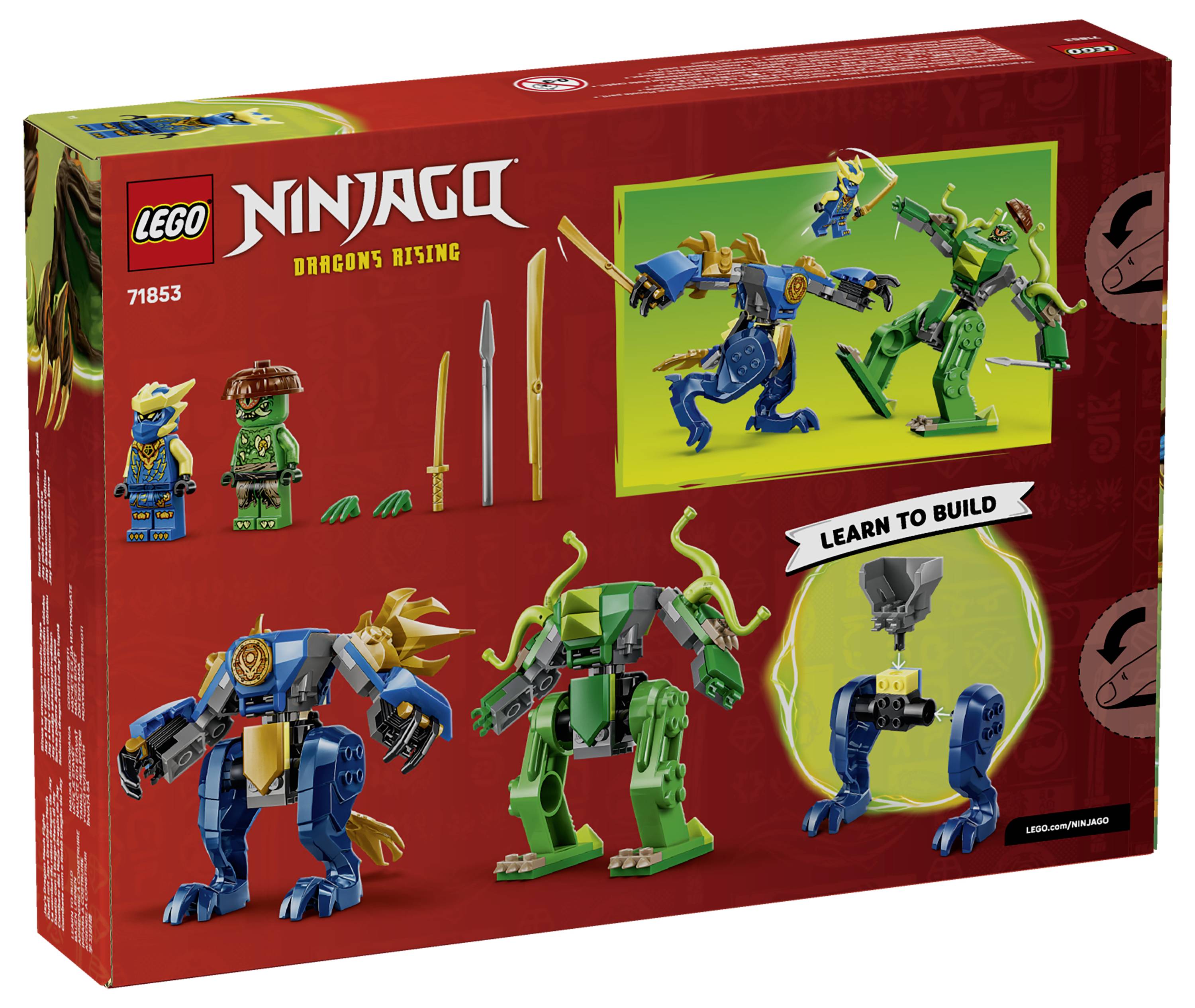 'LEGO Ninjago 71853 Dragons Rising' Box mit zwei Drachenfiguren, Zubehör und 'Learn to Build' Anleitung auf der Rückseite.