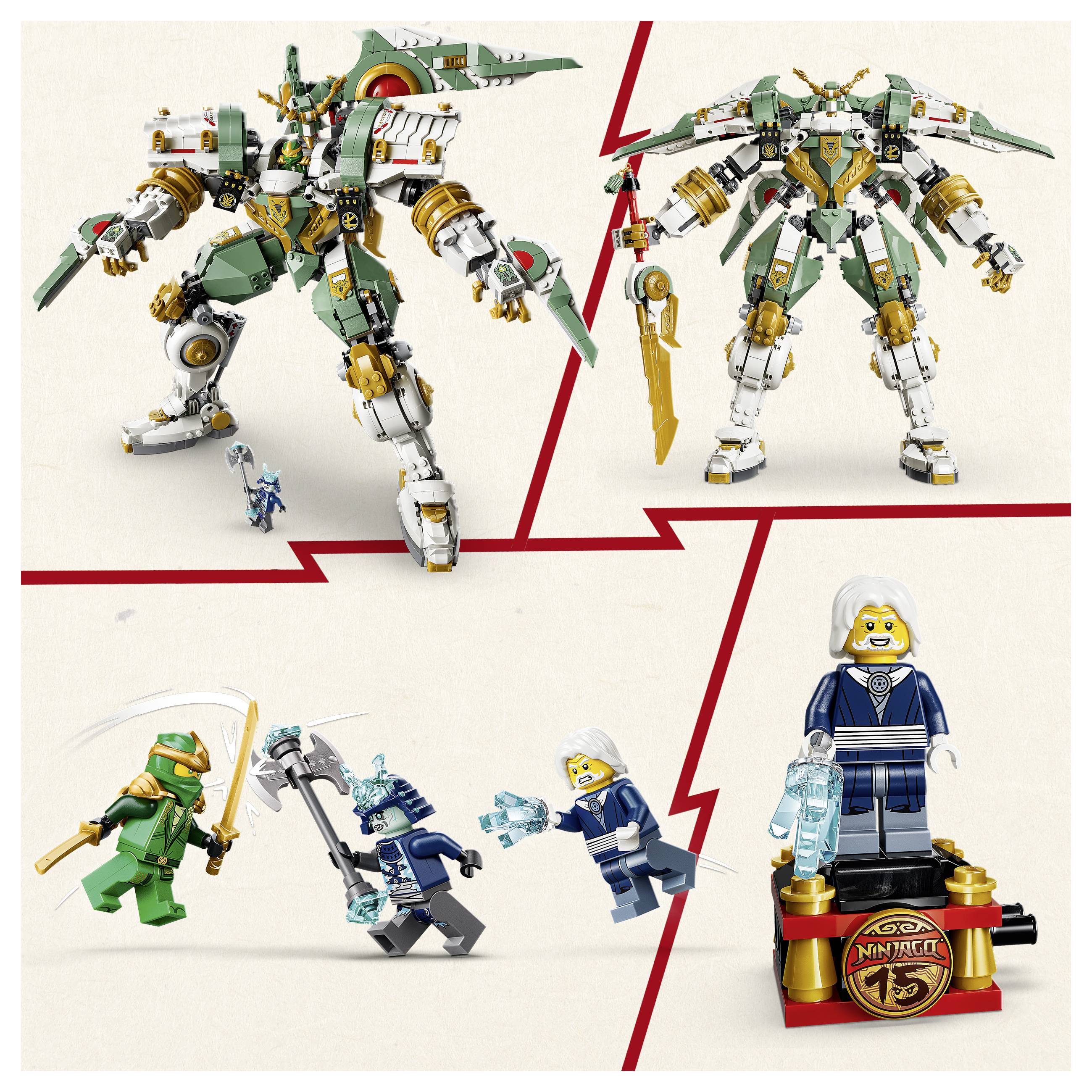 Zwei Bilder eines Roboterspielzeugs mit grüner und weißer Rüstung, jeweils aus verschiedenen Winkeln gezeigt. Enthält zwei kleine menschliche Figuren mit Waffen darunter und eine einzelne Figur auf einem Ständer.