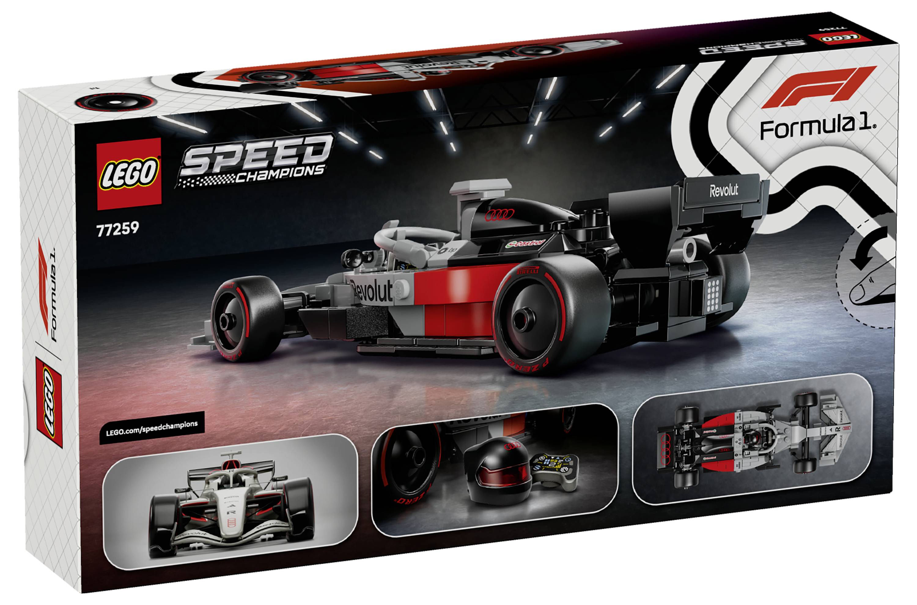 LEGO Speed Champions Formel-1-Auto-Set-Kasten. Zeigt schwarzes und rotes Rennwagen mit Fahrer, Helm und verschiedene Autoperspektiven.