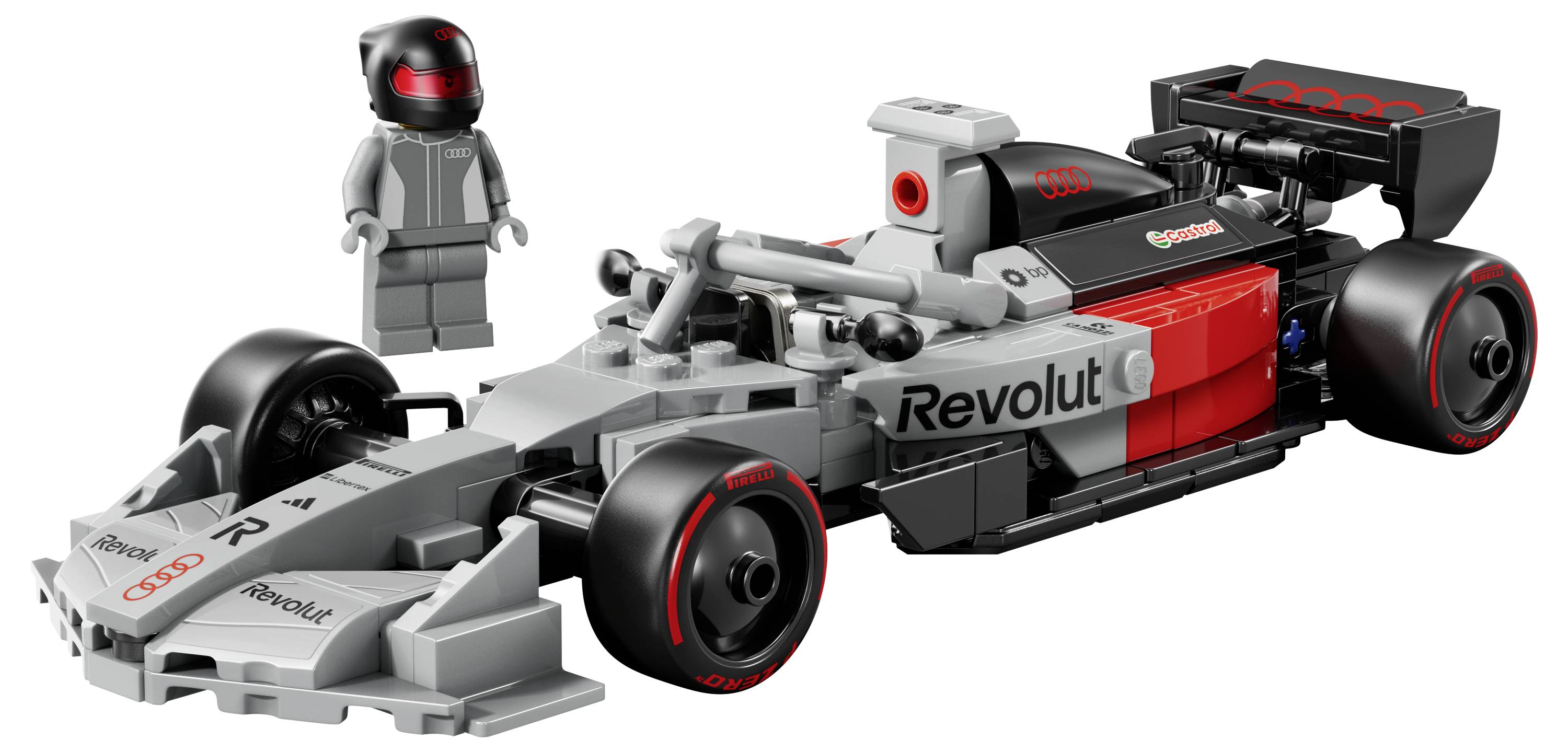 LEGO Formel-1-Rennwagen-Modell mit einer Minifigur im Rennanzug und Helm daneben. Das Auto trägt die Markenbezeichnung 