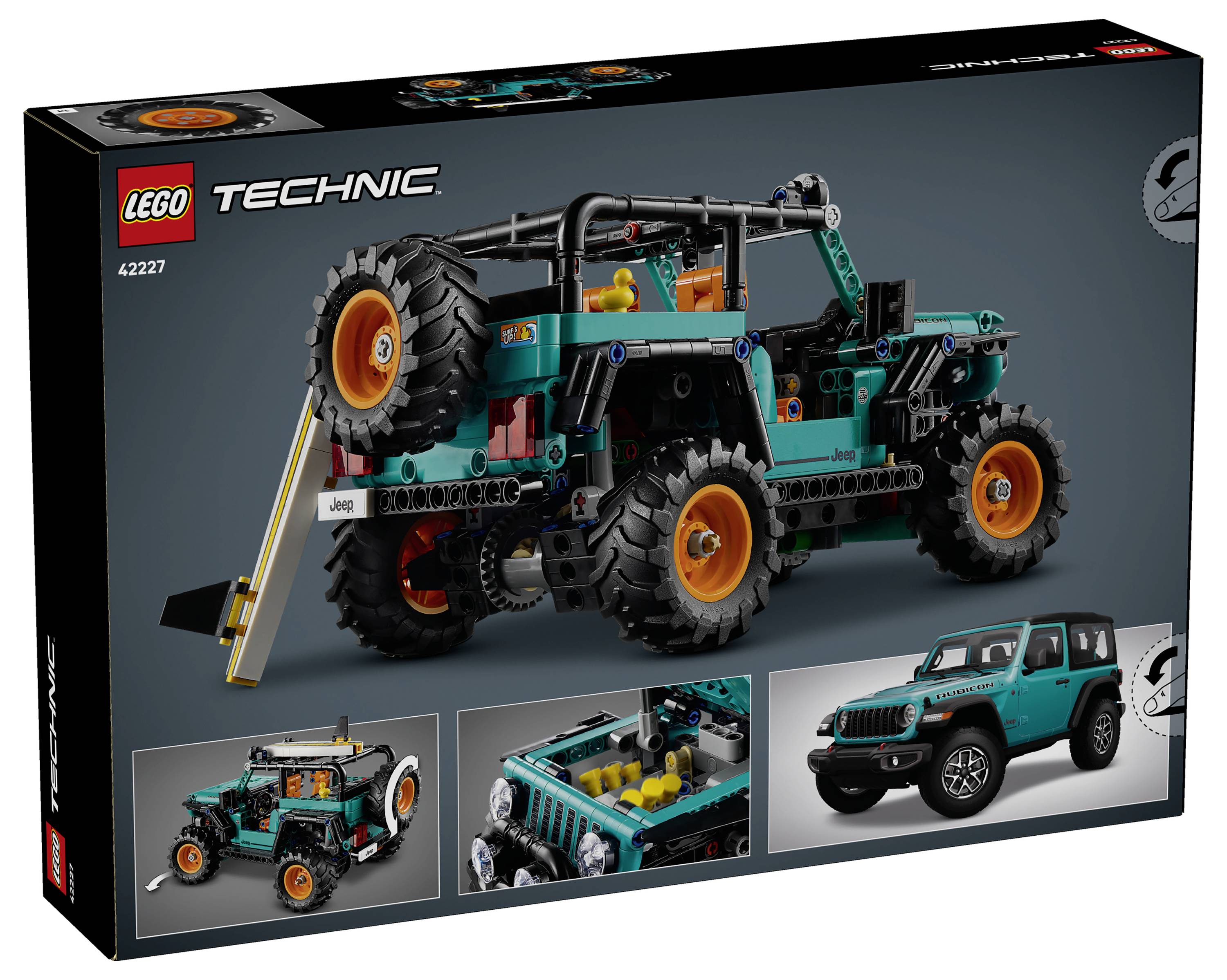 LEGO Technic Jeep-Modell in einer Schachtel, mit einem türkisfarbenen und orangefarbenen Geländefahrzeug mit großen Reifen, das in verschiedenen Ansichten auf der Verpackung gezeigt wird.