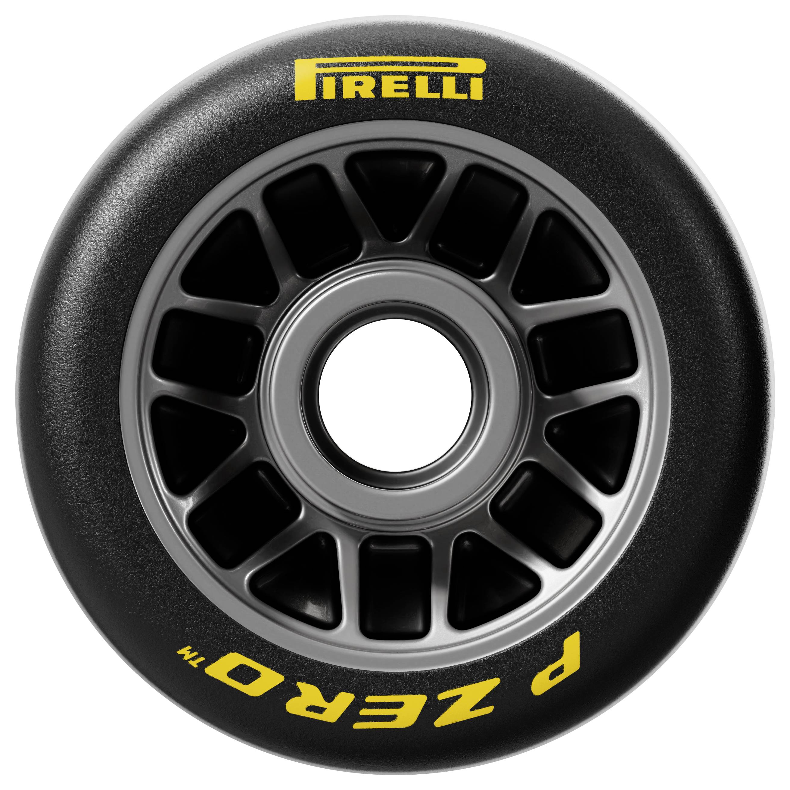 Ein schwarzer Pirelli P Zero Reifen mit einer metallischen Felge und gelbem Logo. Die Profiltiefe des Reifens ist nicht sichtbar, was darauf hindeutet, dass er möglicherweise neu oder ungebraucht ist.