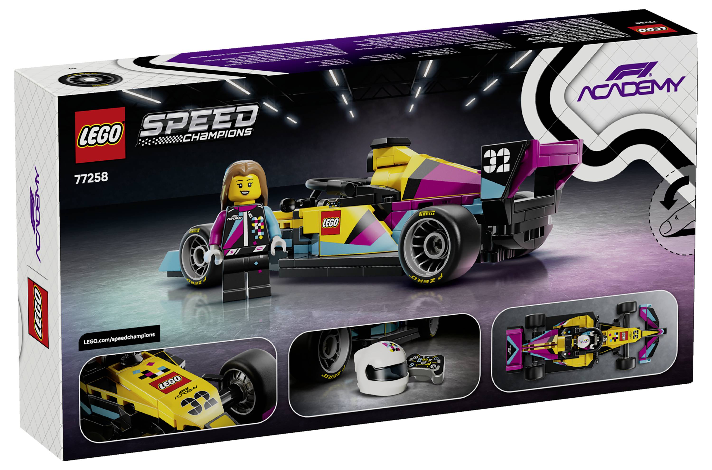 LEGO Speed Champions Box mit einem bunten Rennwagen und einer Minifigur des Fahrers mit langen Haaren. Zusätzliche Bilder zeigen einen Helm und Details des Wagens.