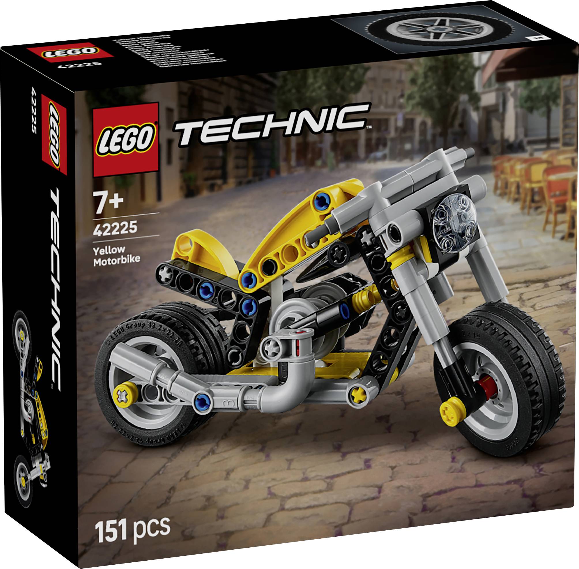 LEGO Technic Karton mit einem gelben und grauen Motorradmodell, Satznummer 42225, ab 7 Jahren, mit einem Hintergrund von Gartenmöbeln.